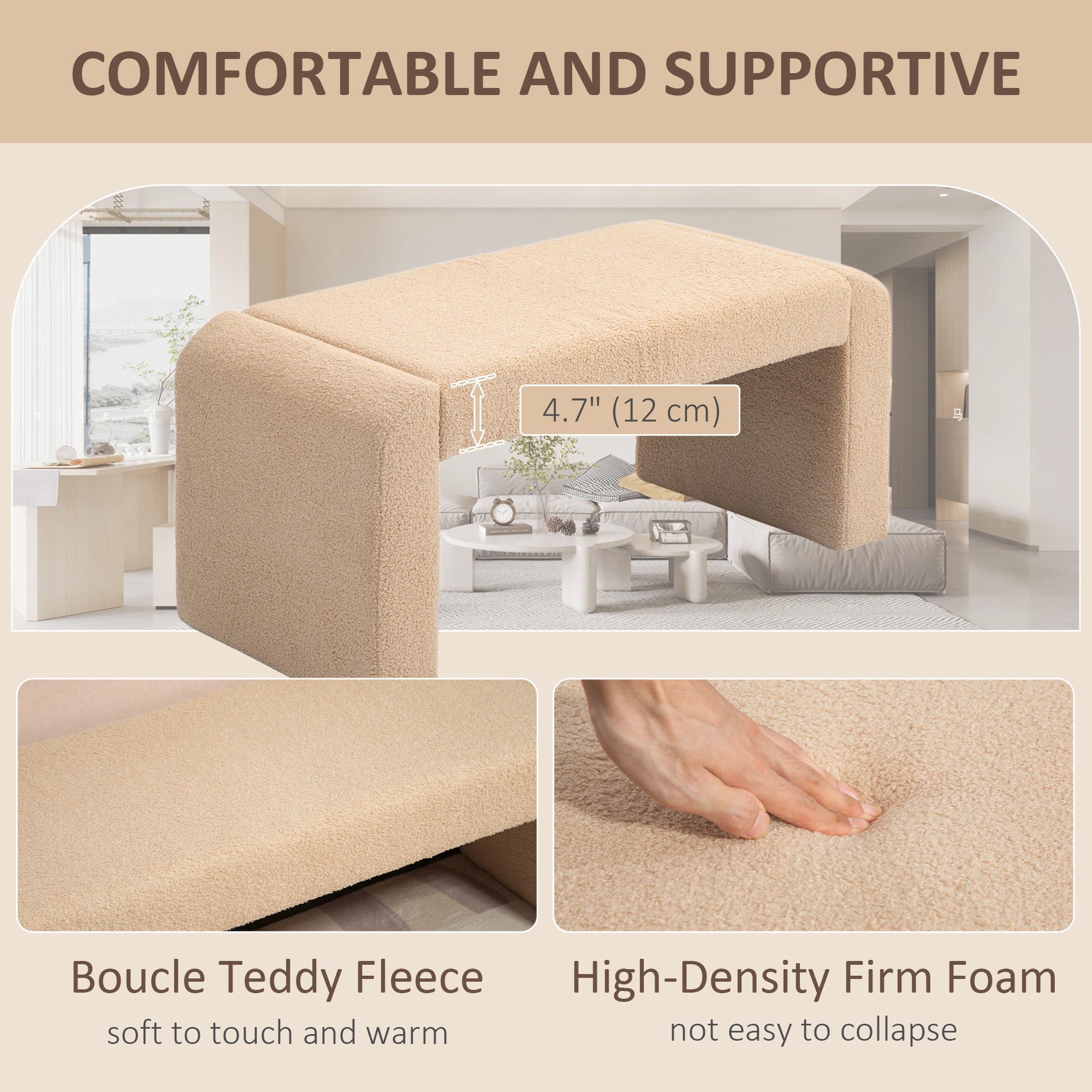 Upholstered Bedroom Bench, Boucle End of Bed Bench, Modern U-Shaped Entryway Bench, 39 x 18 x 18 Inches, Light Brown Storage Ottomans & Benches at Gallery Canada