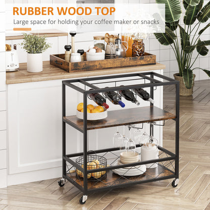 3-Tier Kitchen Cart on Wheels with Removable Tray, Wine Racks, Glass Holders Rustic Brown Kitchen Islands & Kitchen Carts   at Gallery Canada