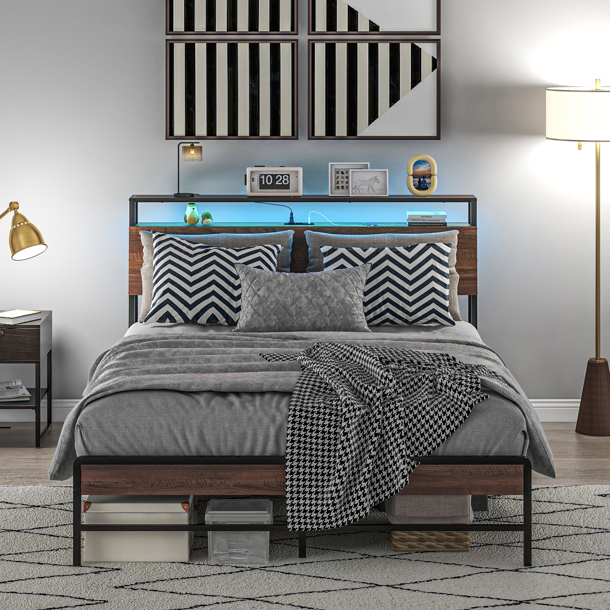 Queen Size Bed Frame with LED Lights and Charging Station, Queen Bed Frame with Storage Headboard, Noise-Free, Walnut Bedroom Furniture   at Gallery Canada