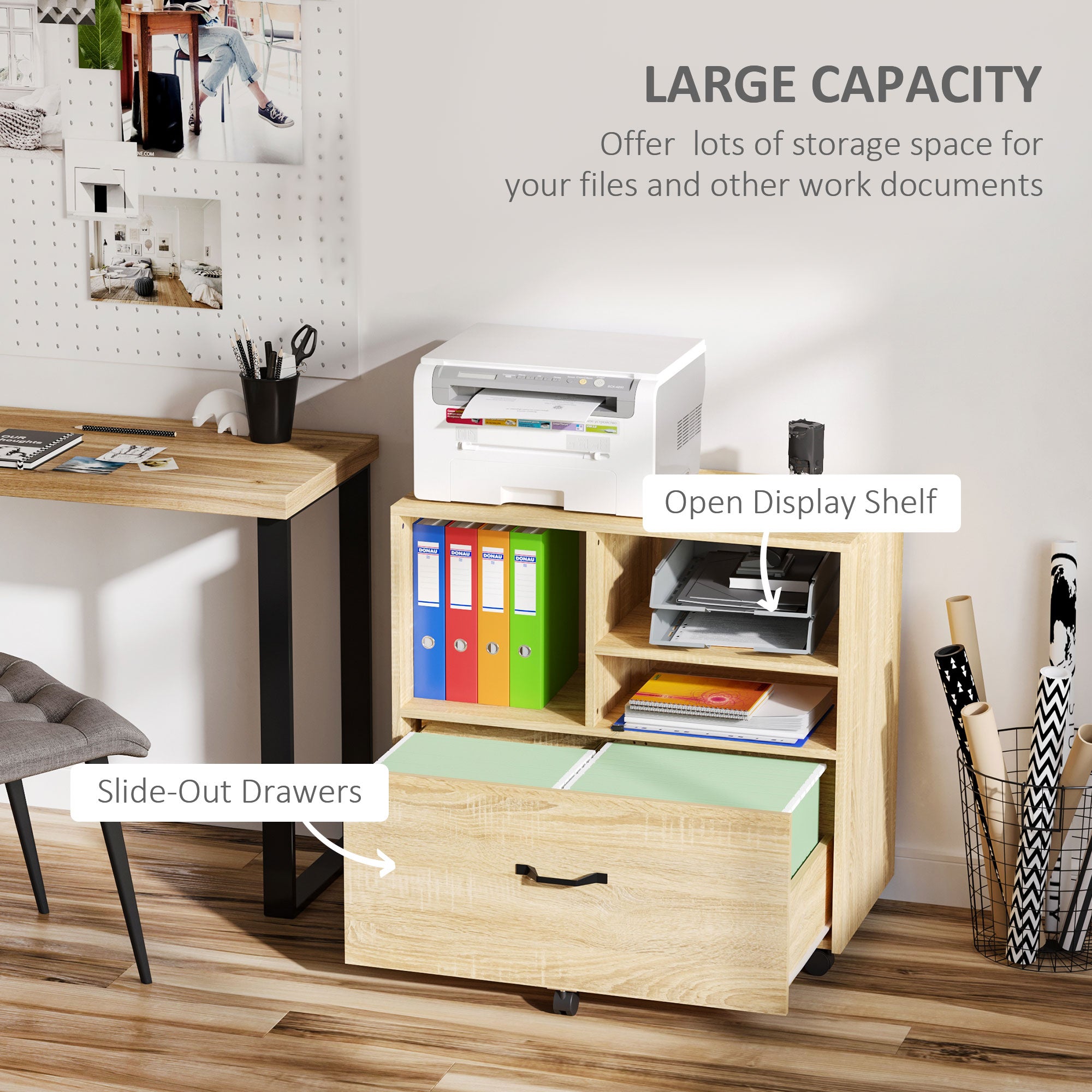 Lateral Filing Cabinet with Open Storage Shelf, Printer Stand, Mobile Office File Cabinet with Wheels for Letter and Legal Sized Files, Natural Office Cabinets & Cupboards at Gallery Canada
