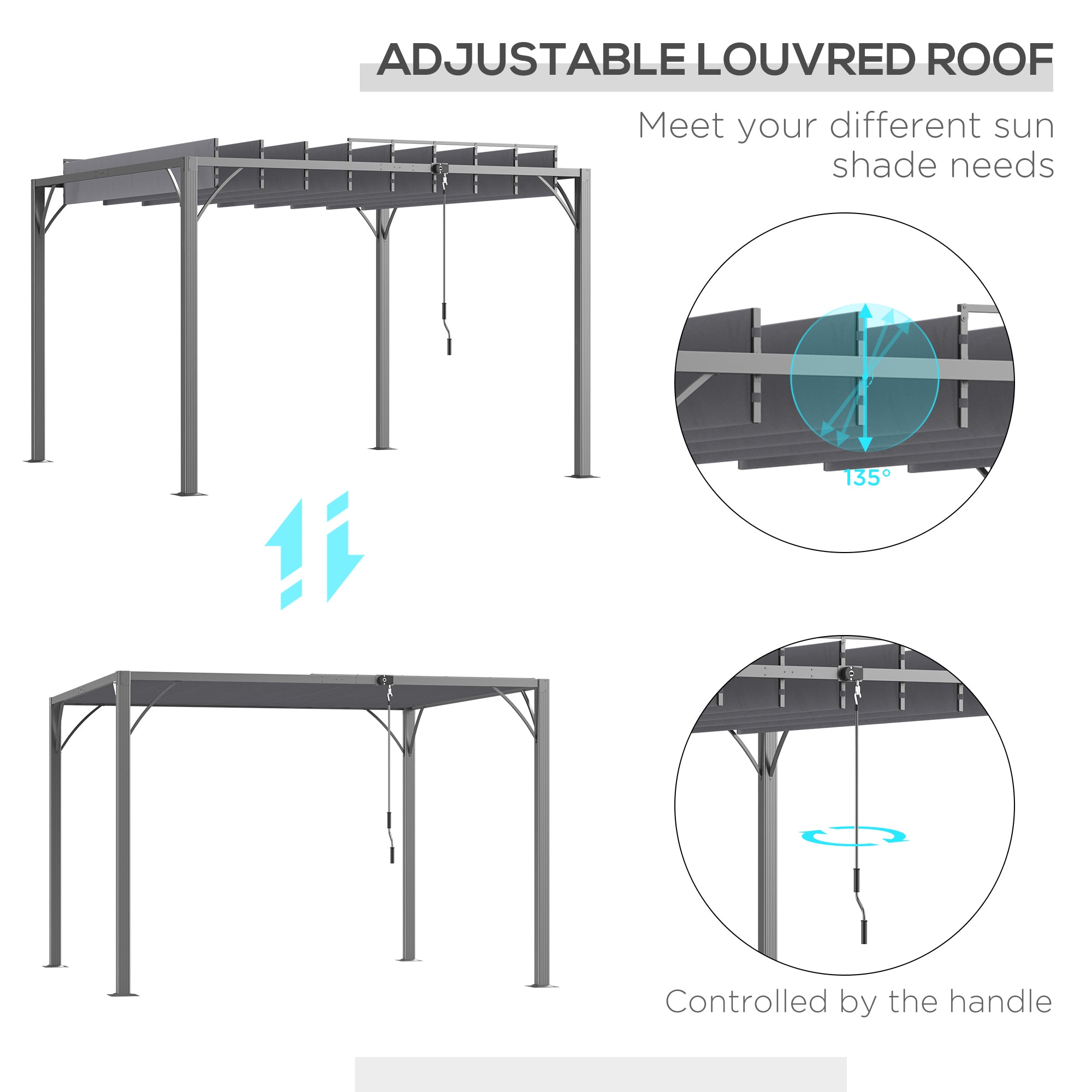9.5' x 9.7' Outdoor Pergola with Retractable Roof, Aluminium Louvered Pergola Canopy Gazebo for Lawn Garden Patio, Grey Pergolas at Gallery Canada