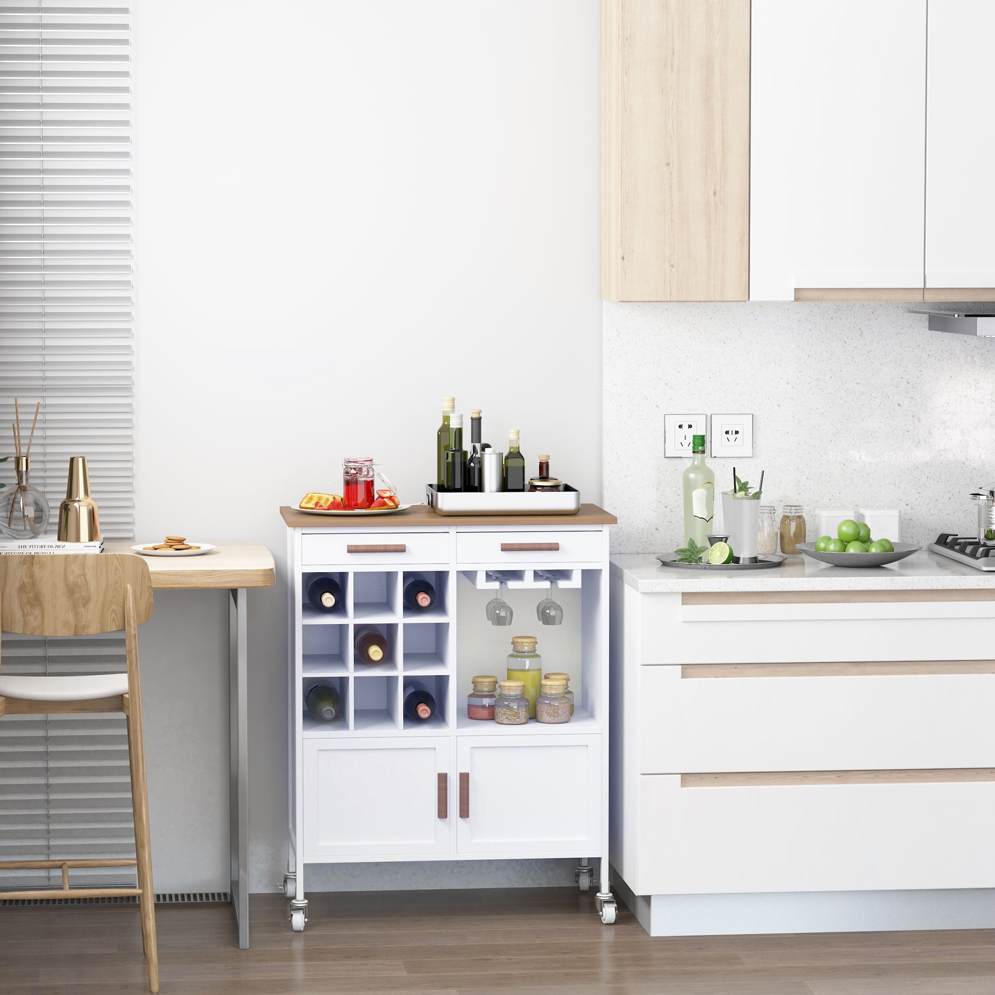 Portable Kitchen Trolley with Bamboo Top Storage Cabinet and Wine Rack (White) Kitchen Islands & Kitchen Carts   at Gallery Canada