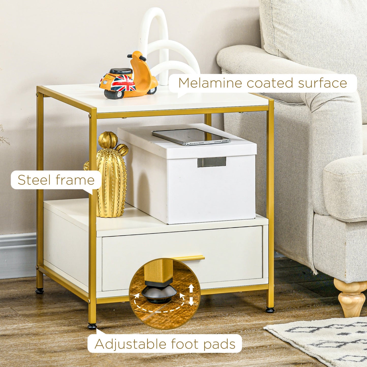 Bedside Table Set of 2, Side End Table with Drawer and Shelf for Bedroom, 19.7"W x 15.7"D x 21.7"H, White and Gold Bedside Tables   at Gallery Canada