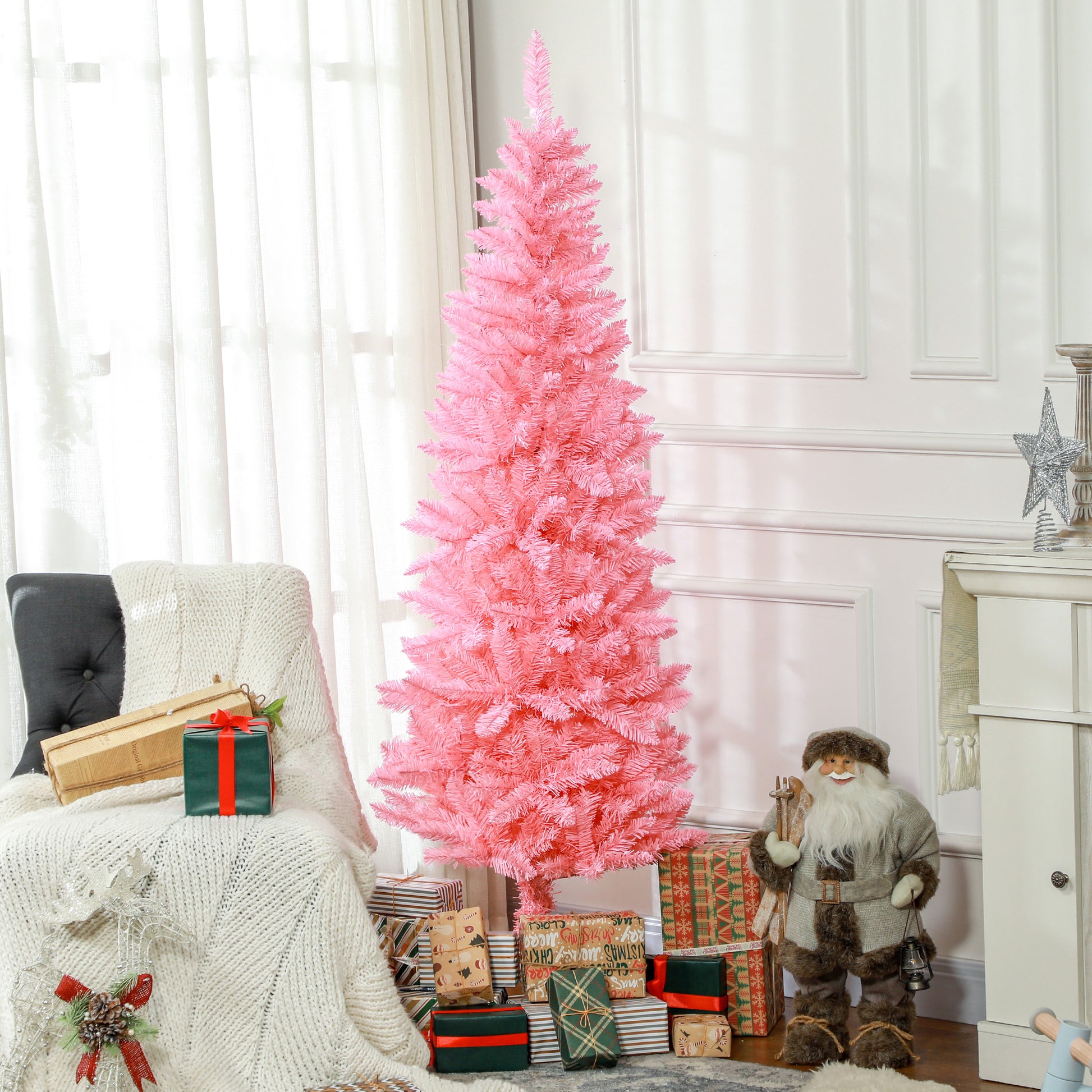 6ft Tall Pencil Artificial Christmas Tree with 479 Branch Tips with Steel Base, Pink Pencil Christmas Trees Pink  at Gallery Canada