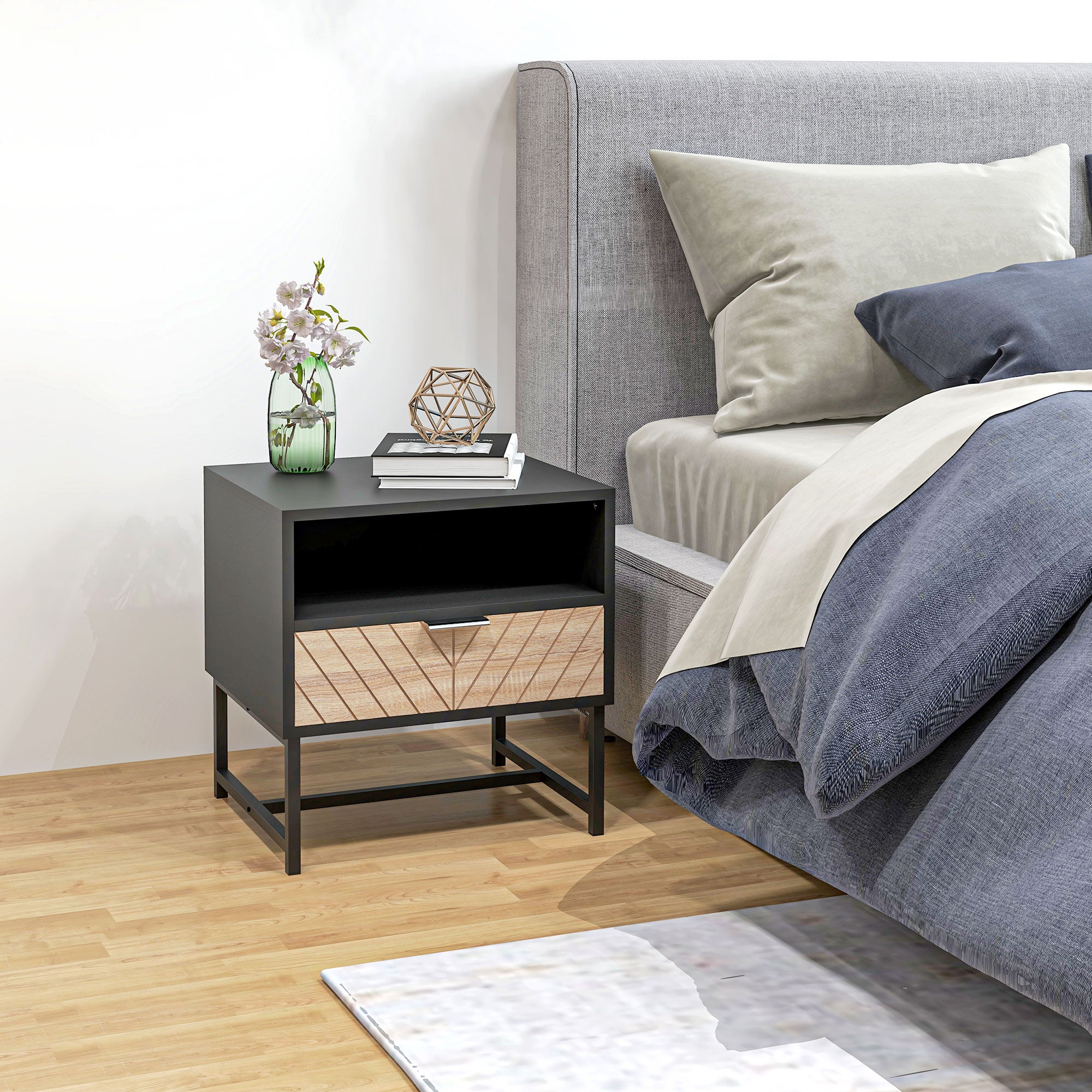 Modern Bedside Table with Drawer, Nightstand with Storage Shelf, Sofa End Table for Bedroom, Black and Oak Bedside Tables at Gallery Canada