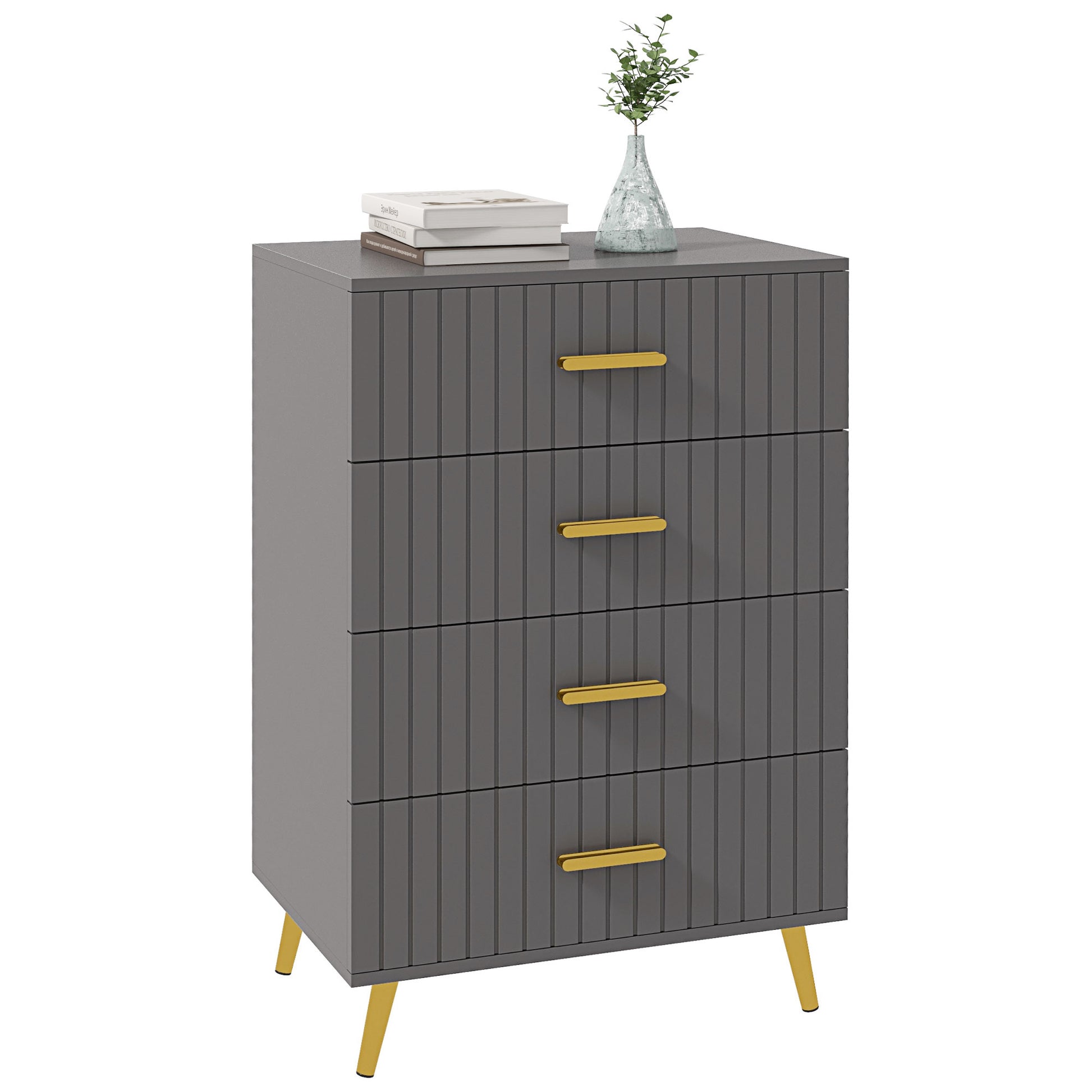 4 Drawer Cabinet, Drawer Chest for Bedroom, Chest of Drawers with Aluminium Legs and Gold Handles, Dark Grey Storage Cabinets   at Gallery Canada