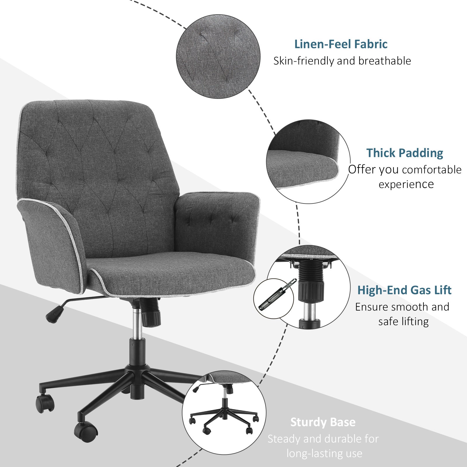 Office Chair, Fabric Study Chair, Mid-Back Tufted Desk Chair with Swivel Wheels, Adjustable Height, Grey Task Chairs   at Gallery Canada