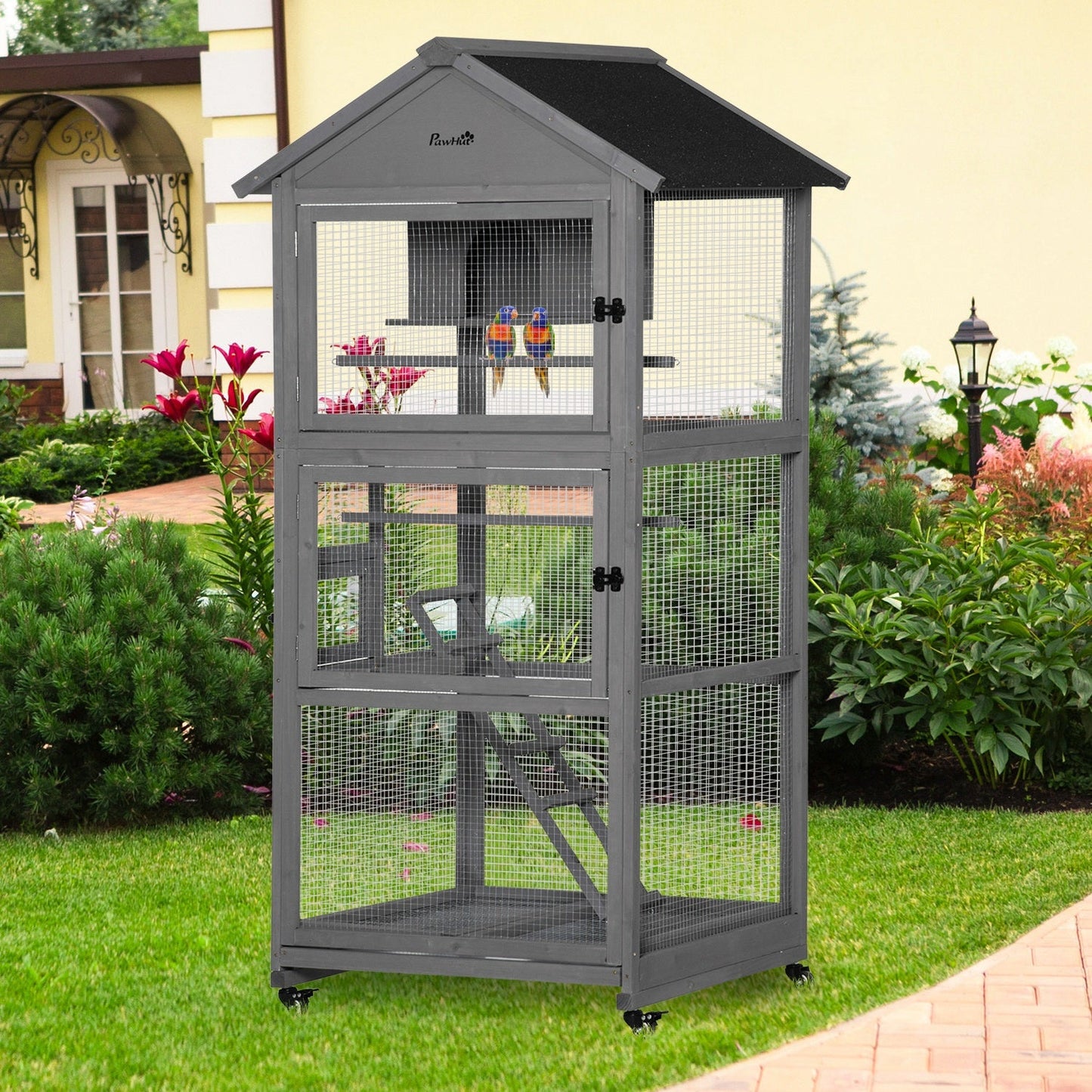 71" Bird Cage Large Mobile Wooden Aviary for Canary Cockatiel with Wheel Perch Nest Ladder Slide-out Tray for Indoor Outdoor Dark Grey Bird Cages   at Gallery Canada