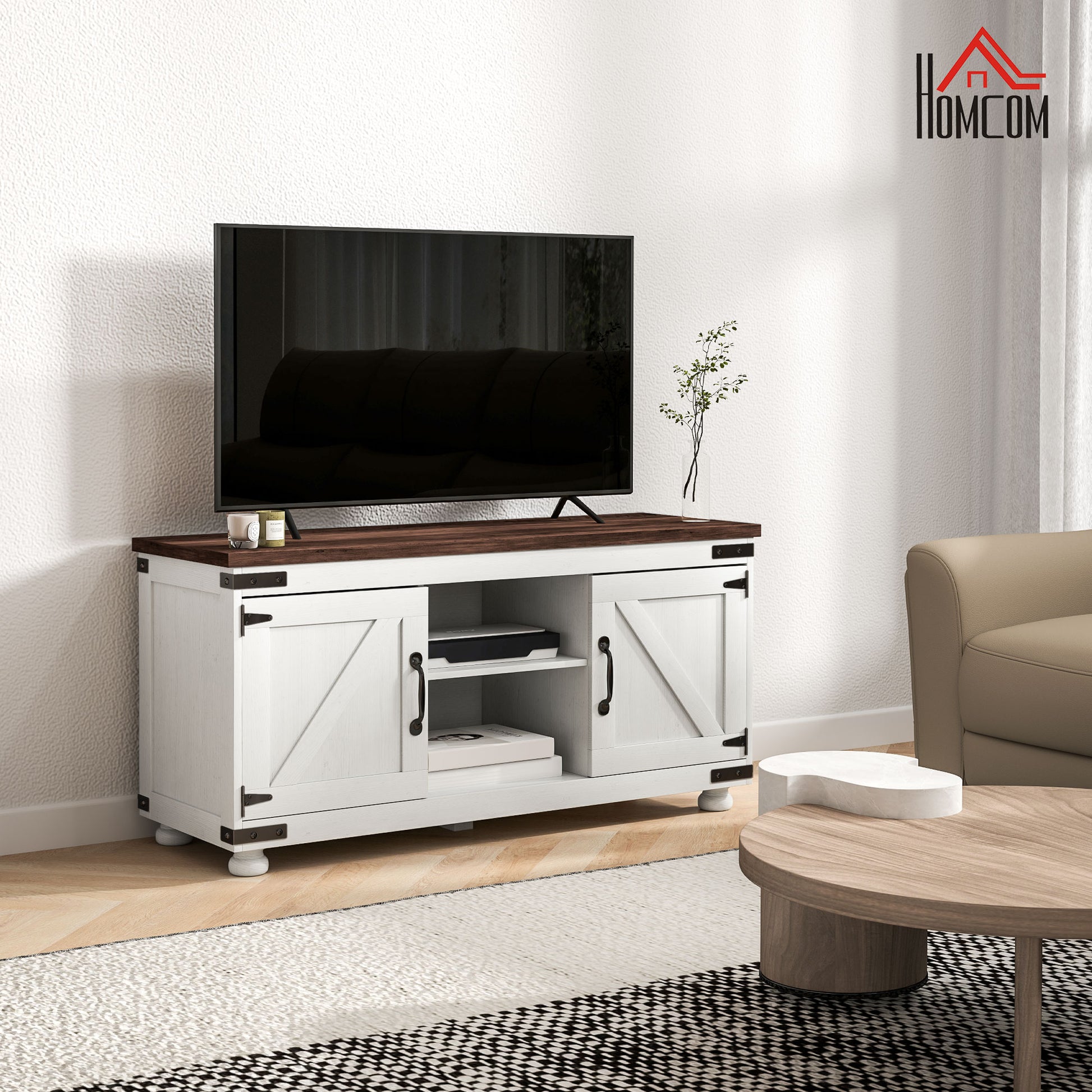 Farmhouse TV Stand for up to 50" TV, TV Cabinet with Barn Doors, Cable Management for Living Room, Distressed White TV Stands Multi Colour  at Gallery Canada