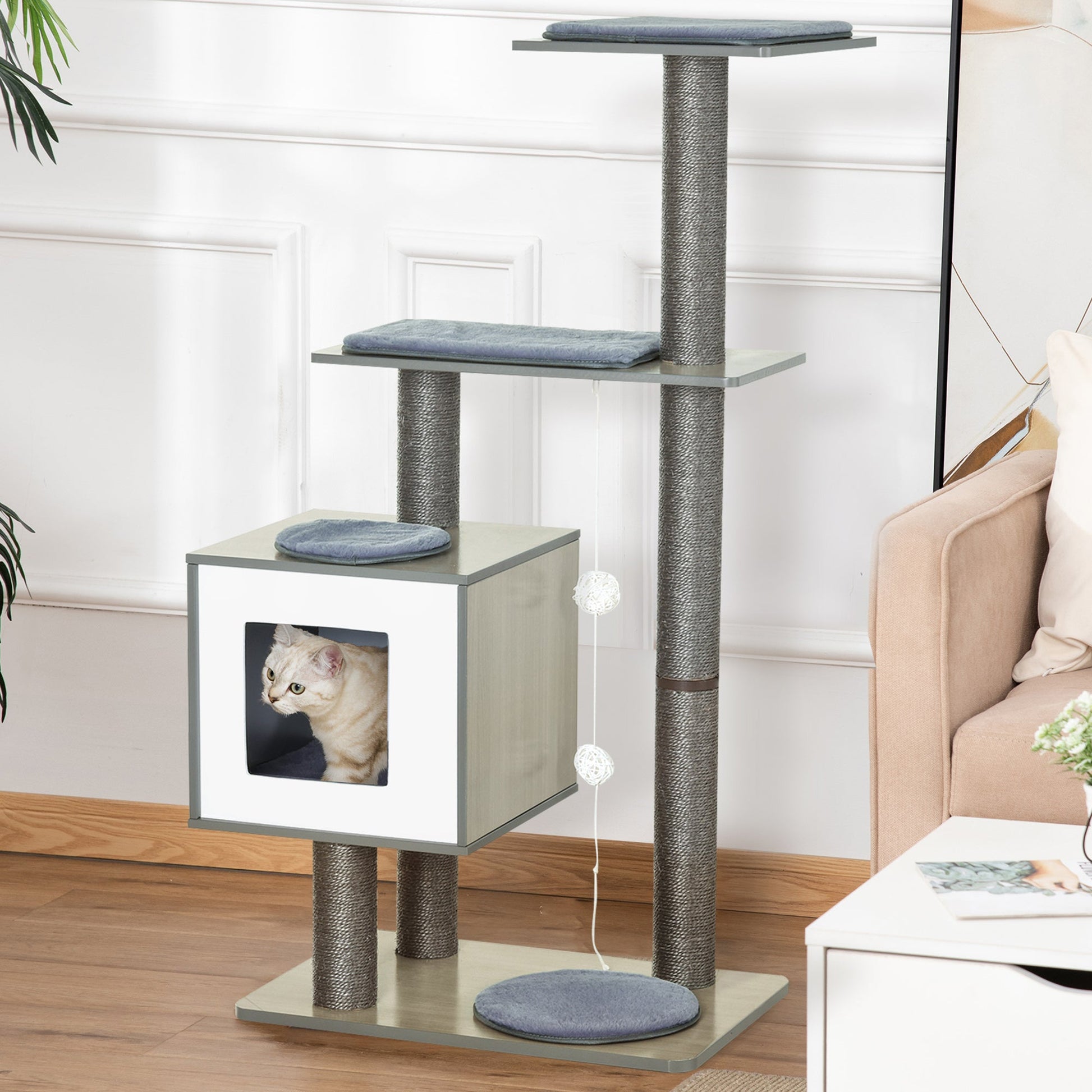 47.2" Cat Tree, Kitten Scratcher, Activity Center, Play House with Condo Sisal, Scratching Post, and Mat - Grey Cat Posts   at Gallery Canada