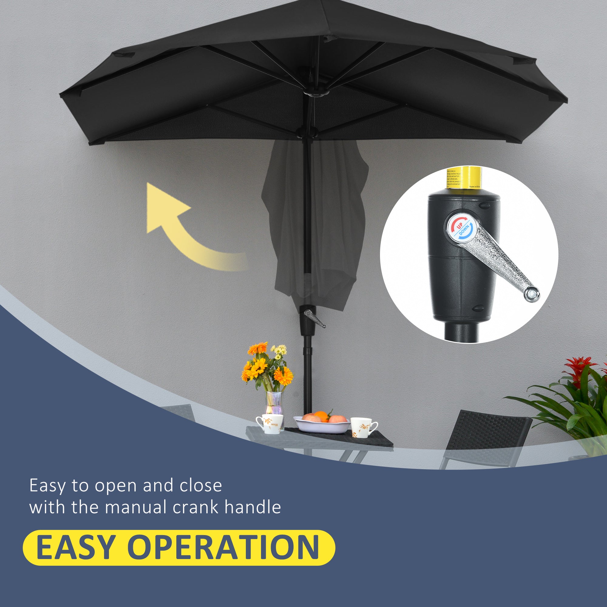 6.6 x 6ft Half Patio Umbrella Outdoor Parasol with Double-Sided Canopy, Crank Handle, Base for Garden, Balcony, Black Patio Umbrellas   at Gallery Canada