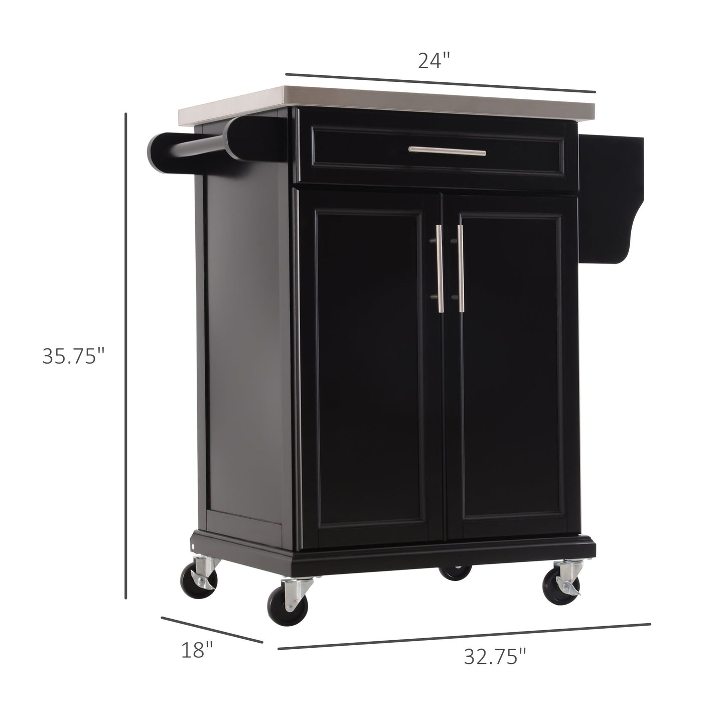 Rolling Kitchen Island, Kitchen Serving Cart with Stainless Steel Table Top on Wheels, Black Kitchen Islands & Kitchen Carts   at Gallery Canada