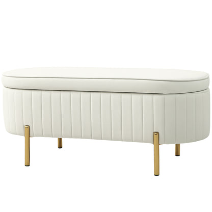 Upholstered Bedroom Bench, Channel Tufted Ottoman Bench with Thick Padding and Metal Legs, Cream White