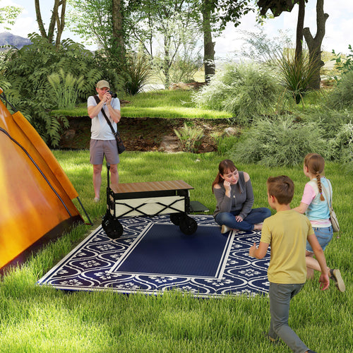 8' x 10' Outdoor RV Rug, Reversible Patio Floor Mat with Carry Bag, Gourd Border, Blue and White