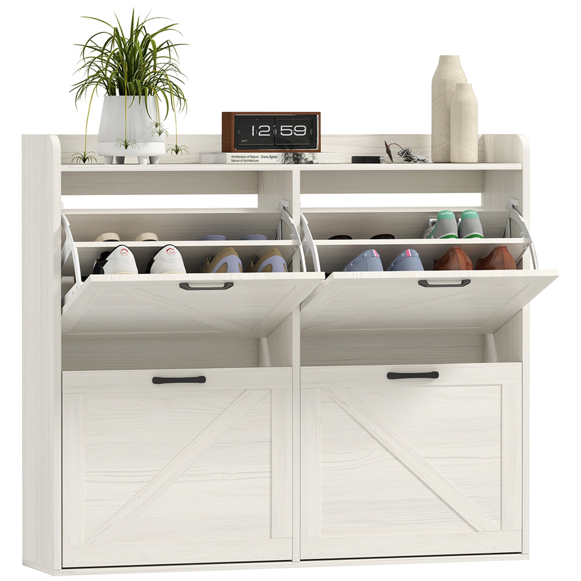 Narrow Shoe Storage Cabinet with 4 Flip Drawers, Adjustable Shelves, 16 Pair Farmhouse Shoe Cabinet, White Oak Shoe Storage Cabinets & Racks at Gallery Canada