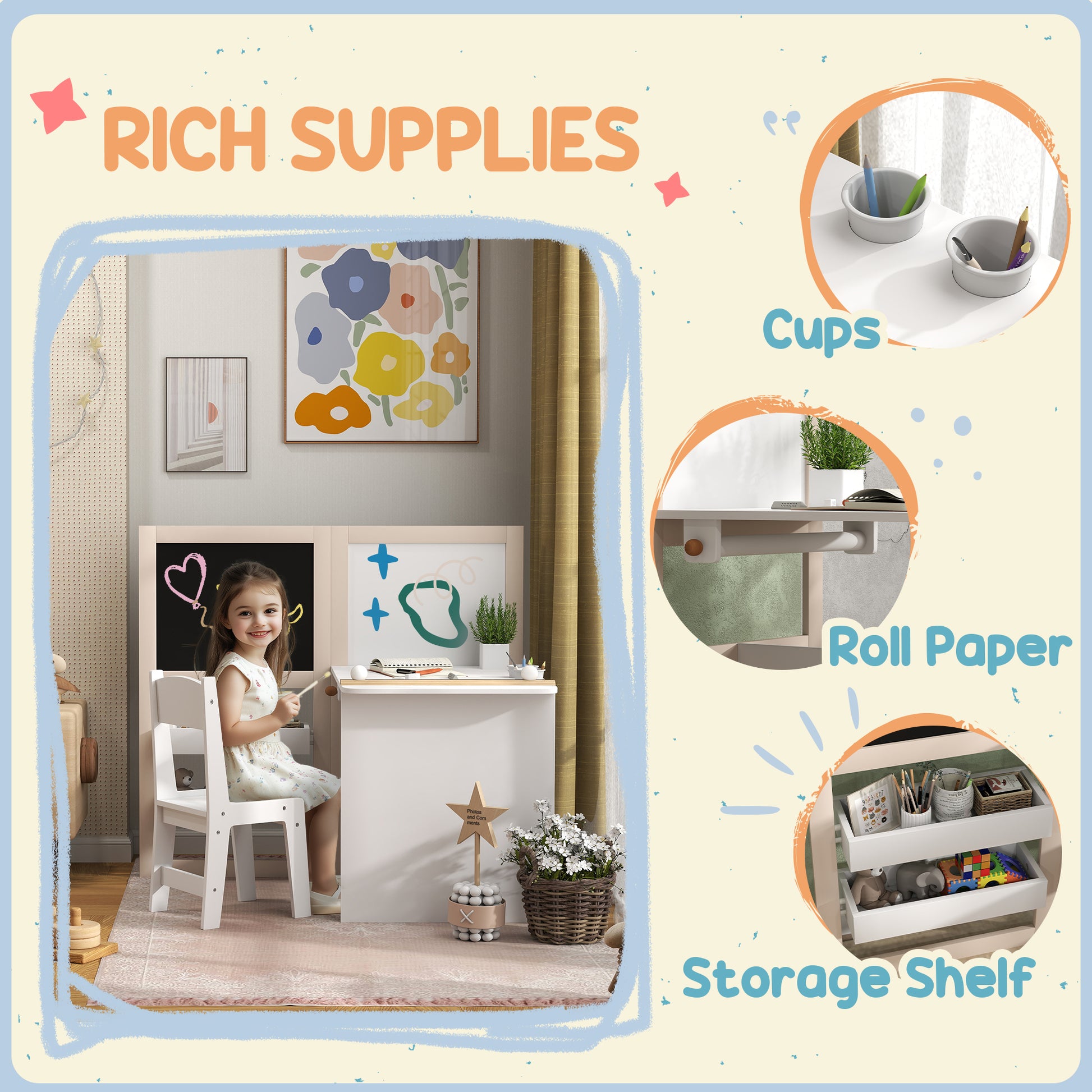 3 in 1 Kids Table and Chair Set with Foldable Easel, Storage Shelves, Roll Paper, White Kids Table Sets   at Gallery Canada