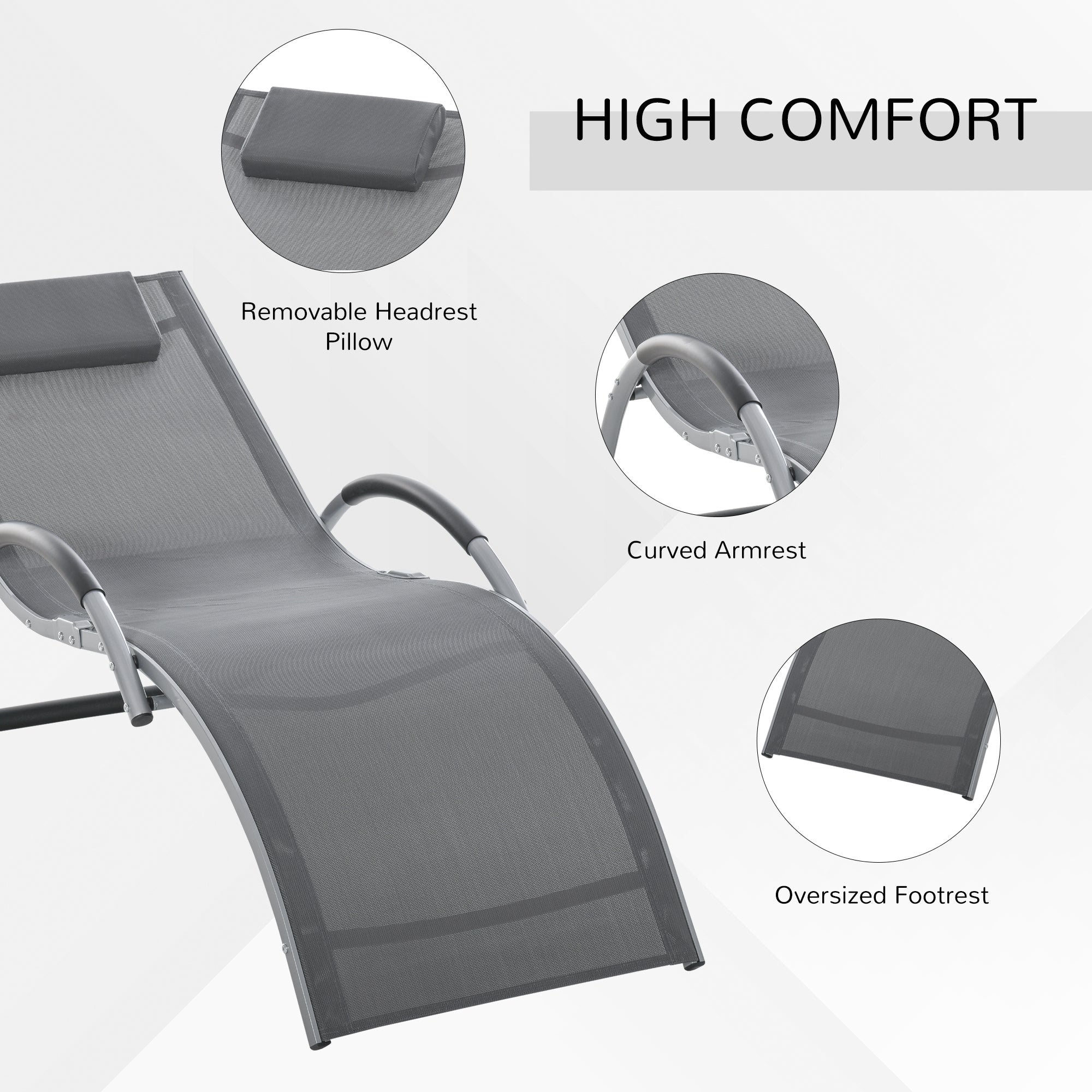 Ergonomic Lounger Chair Portable Armchair with Removable Headrest Pillow for Garden Patio Outside All Aluminum Frame Dark Grey Lounger Chairs   at Gallery Canada