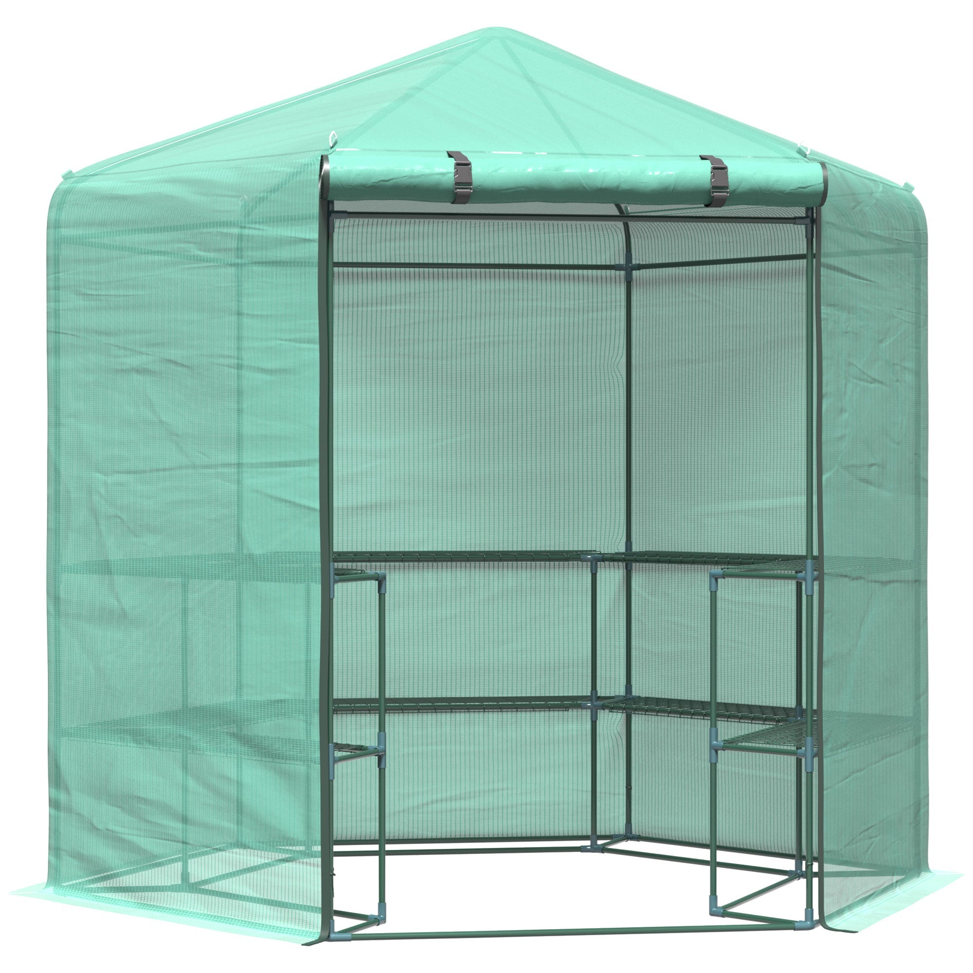 Hexagonal Walk-in Greenhouse with 3-Tier Shelves, Roll-up Door, Green Walk In Greenhouses Green  at Gallery Canada