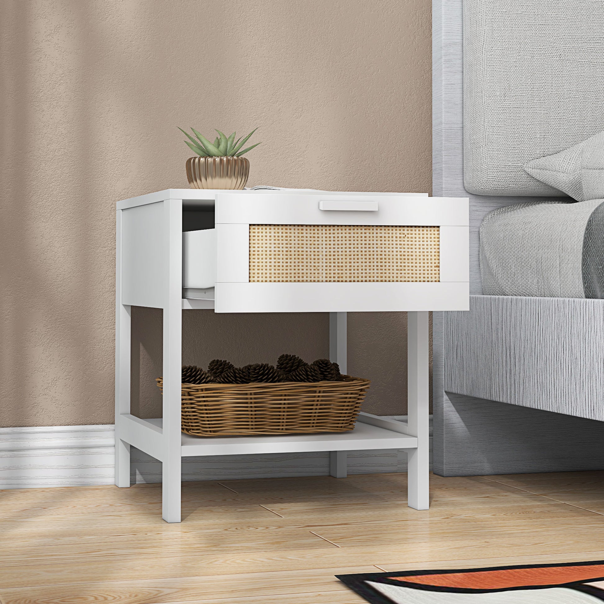 Modern Bedside Table, Accent Nightstand with Drawer and Open Shelf, Bed End Table for Bedroom, Living Room, White Bedside Tables   at Gallery Canada