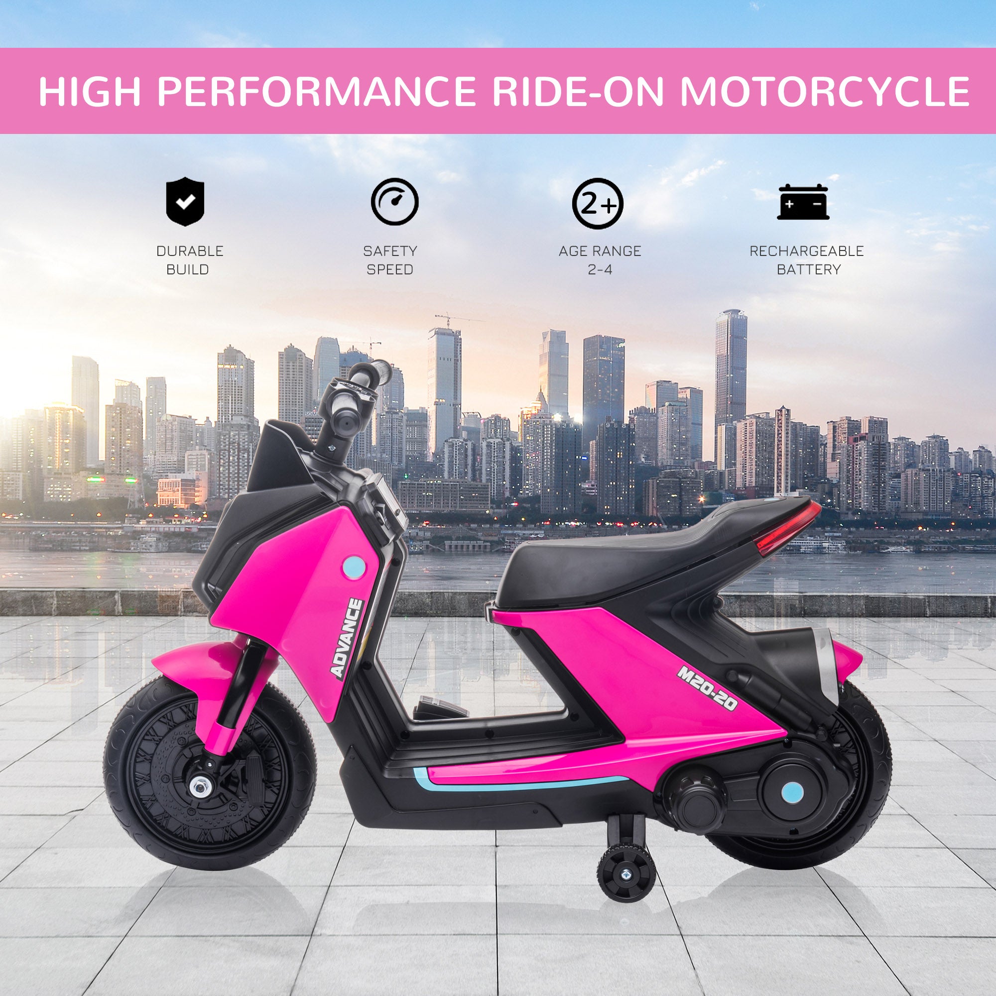 Kids Ride-On Electric Motorcycle Toy with 6V Rechargable Battery, Training Wheels, Music, Headlights, Pink Electric Motorcycles   at Gallery Canada