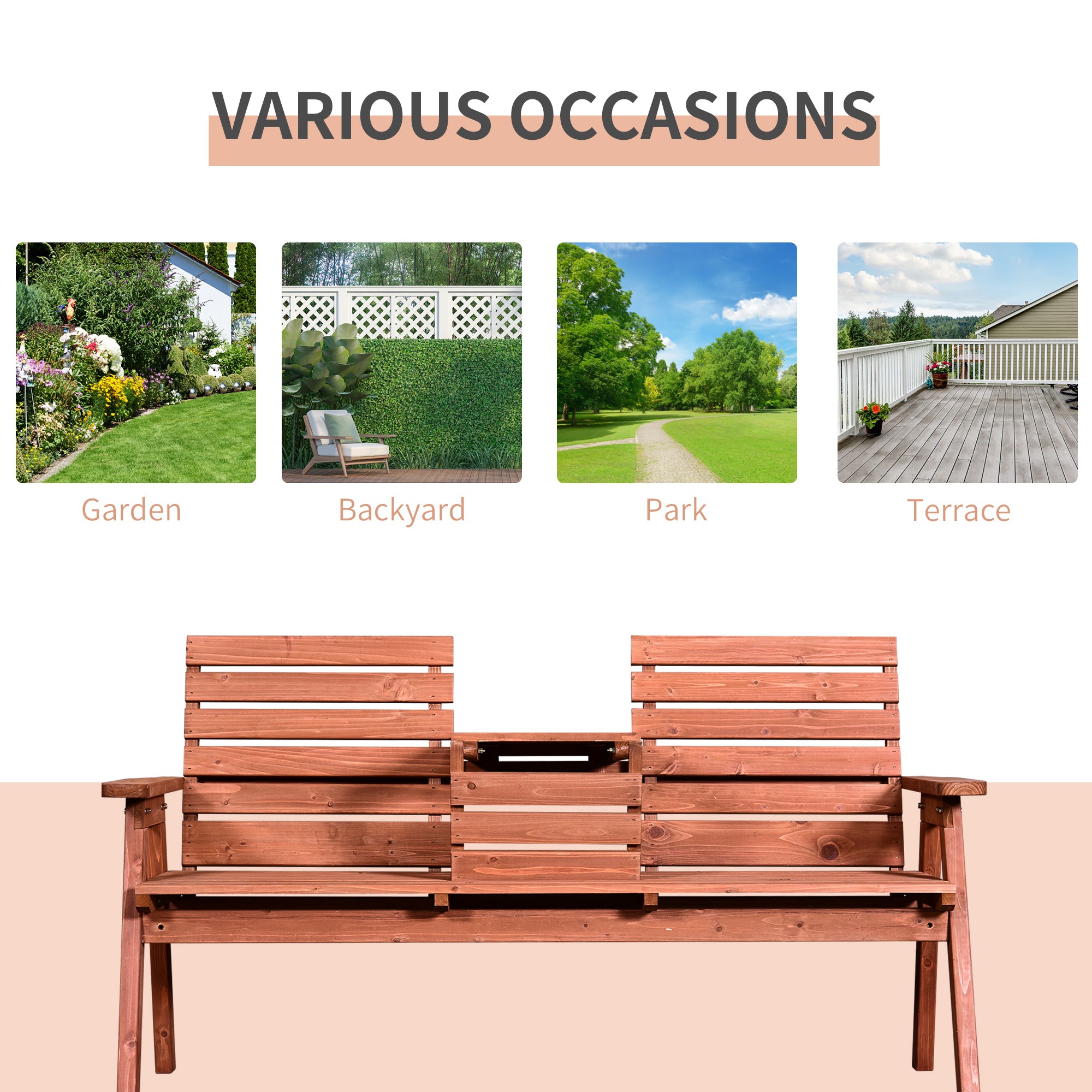 3-Seater Outdoor Bench with Convertible Middle Table, Garden Wooden Patio Loveseat with Middle Table for 2 Persons w/ Slatted Seat and Backrest, Armrests, Orange Outdoor Benches at Gallery Canada