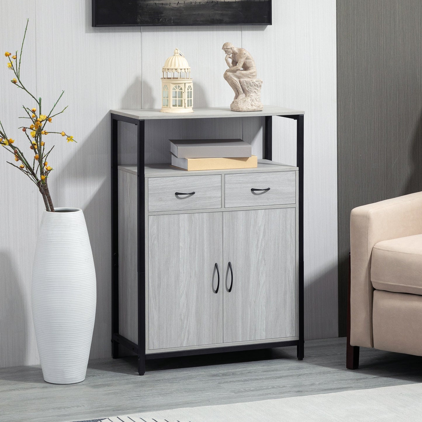 Storage Cabinet, Sideboard with 2 Drawers and Adjustable Shelves for Living Room, Light Grey Storage Cabinets   at Gallery Canada