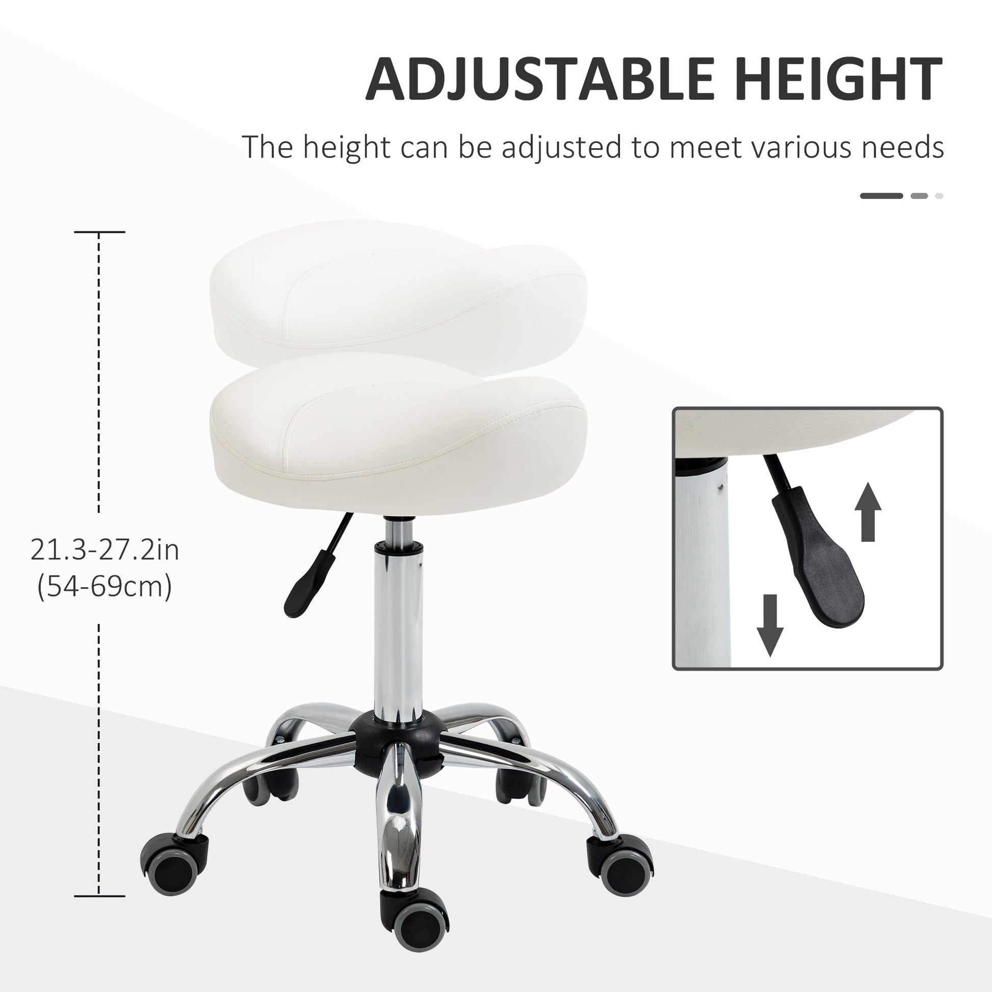 Saddle Stool, Height Adjustable Rolling Salon Chair with PU Leather for Massage, Spa, Clinic, Beauty and Tattoo, White Salon Stools   at Gallery Canada