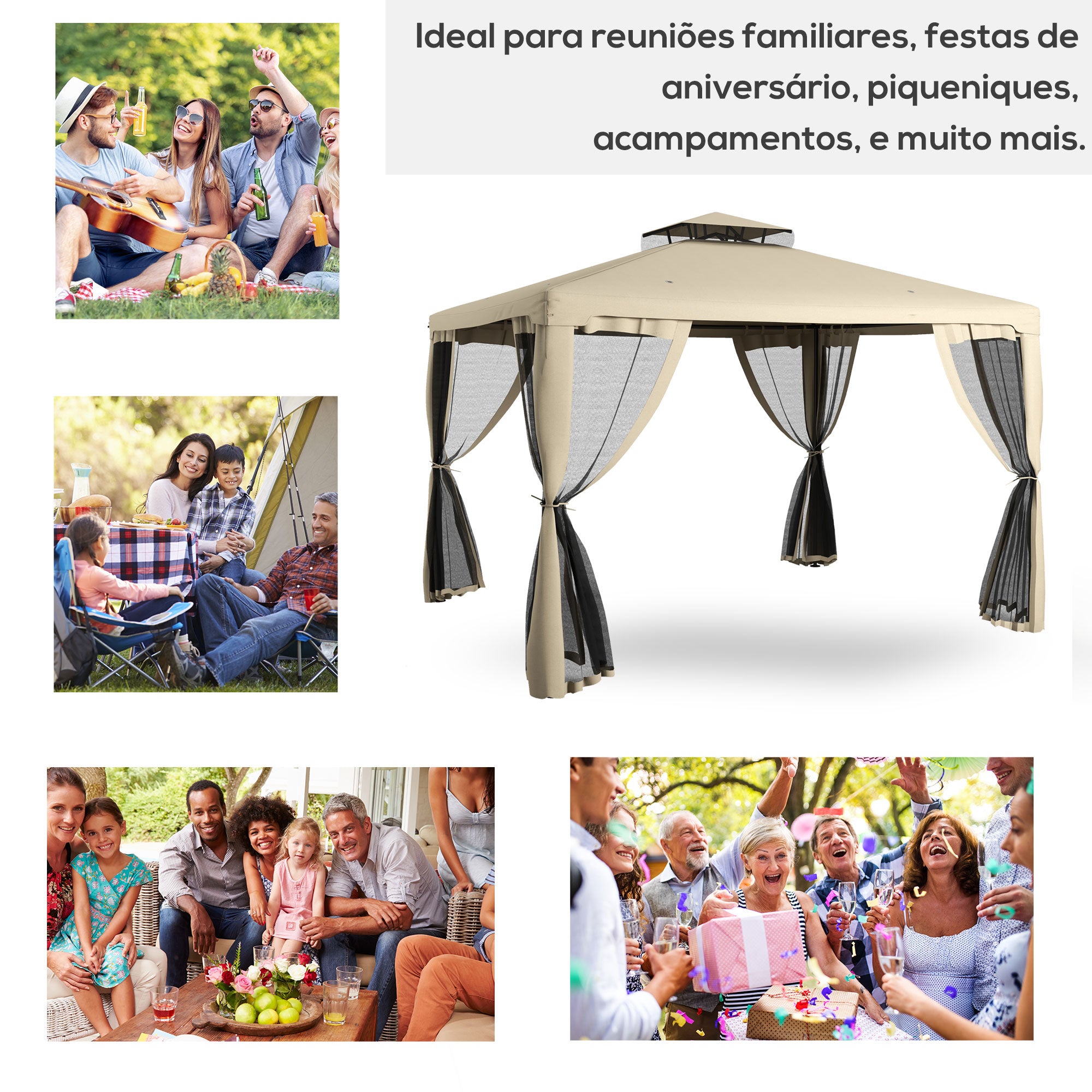 12' x 10' Patio Gazebo Outdoor Pavilion 2 Tire Roof Canopy Shelter Garden, Steel Frame w/ Mosquito Netting, Taupe Gazebos at Gallery Canada