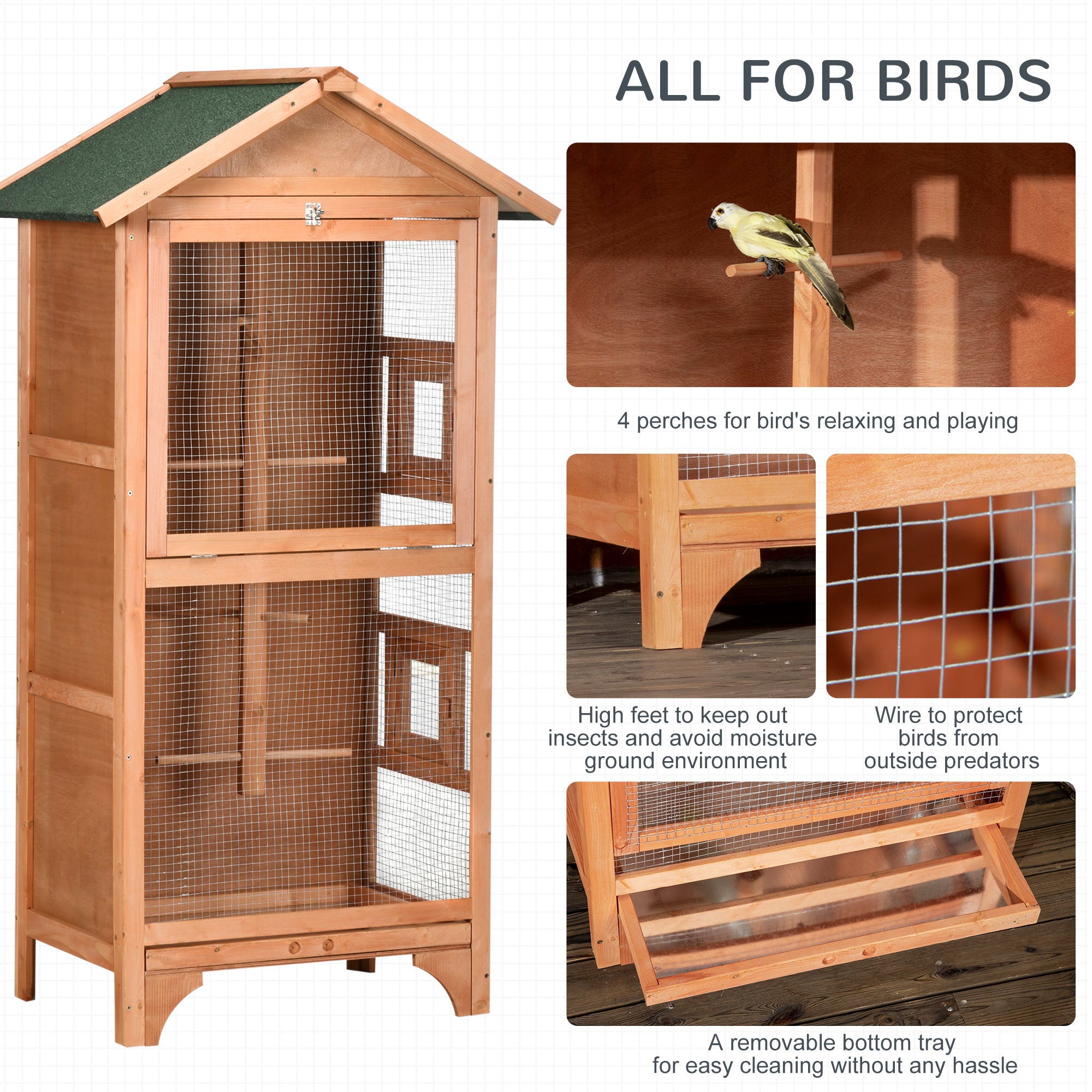 Wooden Bird Aviary Parrot Cage Pet Furniture with Removable Bottom Tray, 2 Doors, Asphalt Roof, 4 Perches, Brown Bird Cages at Gallery Canada