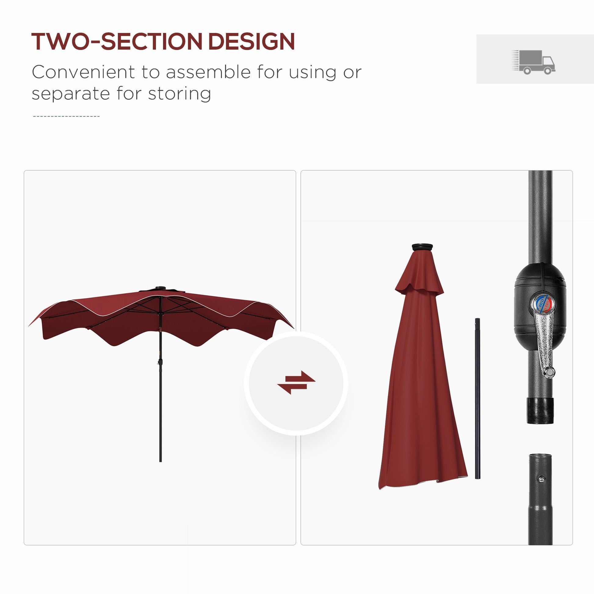 Solar Patio Umbrella with LED and Tilt, Outdoor Market Table Umbrella Parasol with Crank, 10 x 10 ft, Wine Red Sun Umbrellas   at Gallery Canada