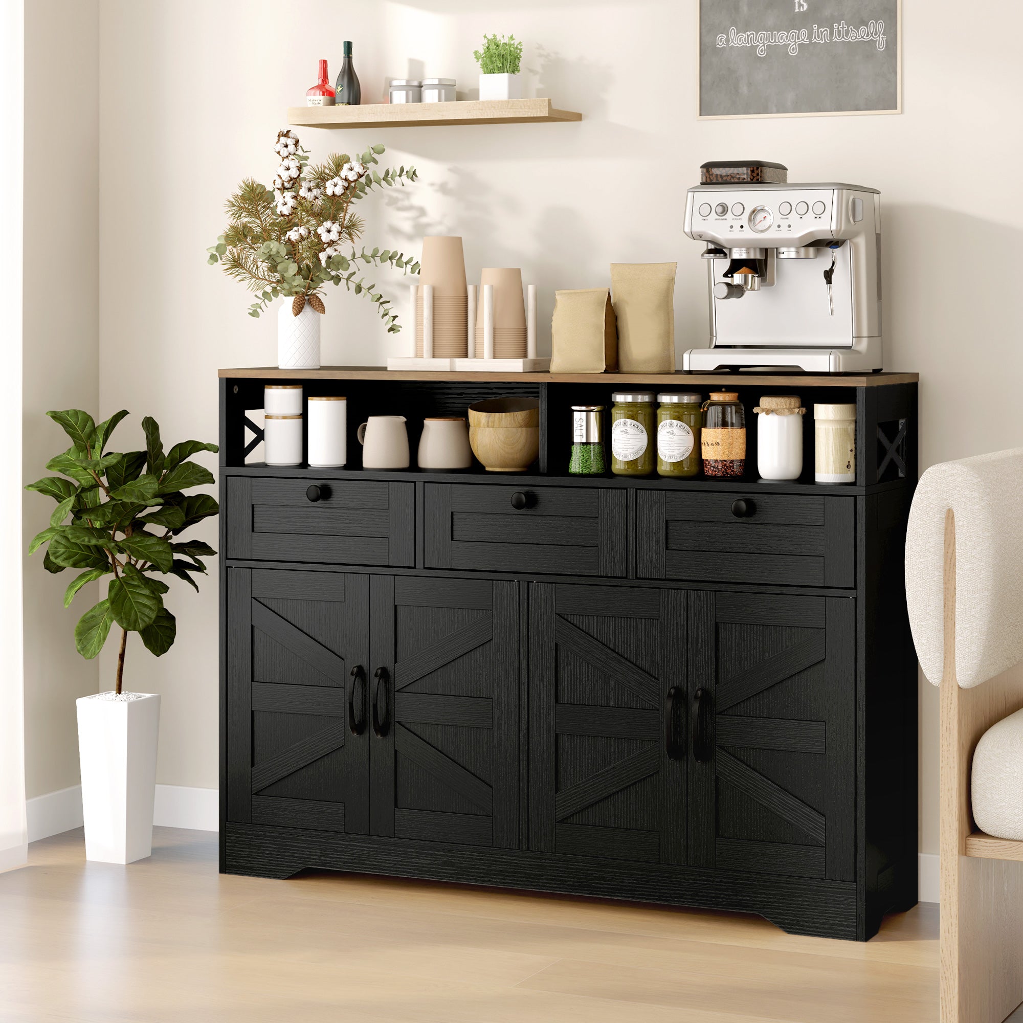 Sideboard, Buffet Cabinet with 4 Barn Doors and 3 Drawers, Coffee Bar Cabinet with Adjustable Shelves, Black Storage Cabinets at Gallery Canada