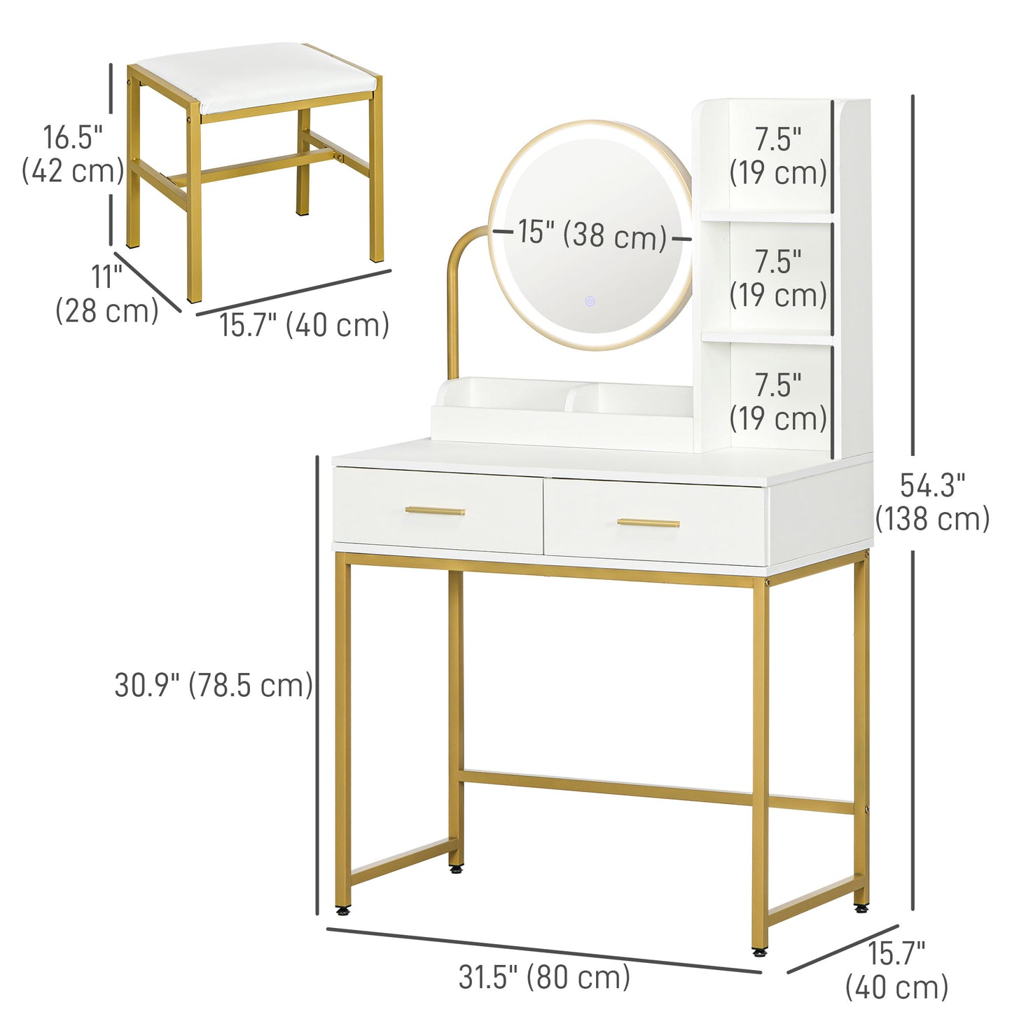 Makeup Vanity Desk Set with Mirror, Stool, LED Lights, Drawers, Shelves, Dressing Table for Bedroom, White Dressing & Vanity Tables   at Gallery Canada