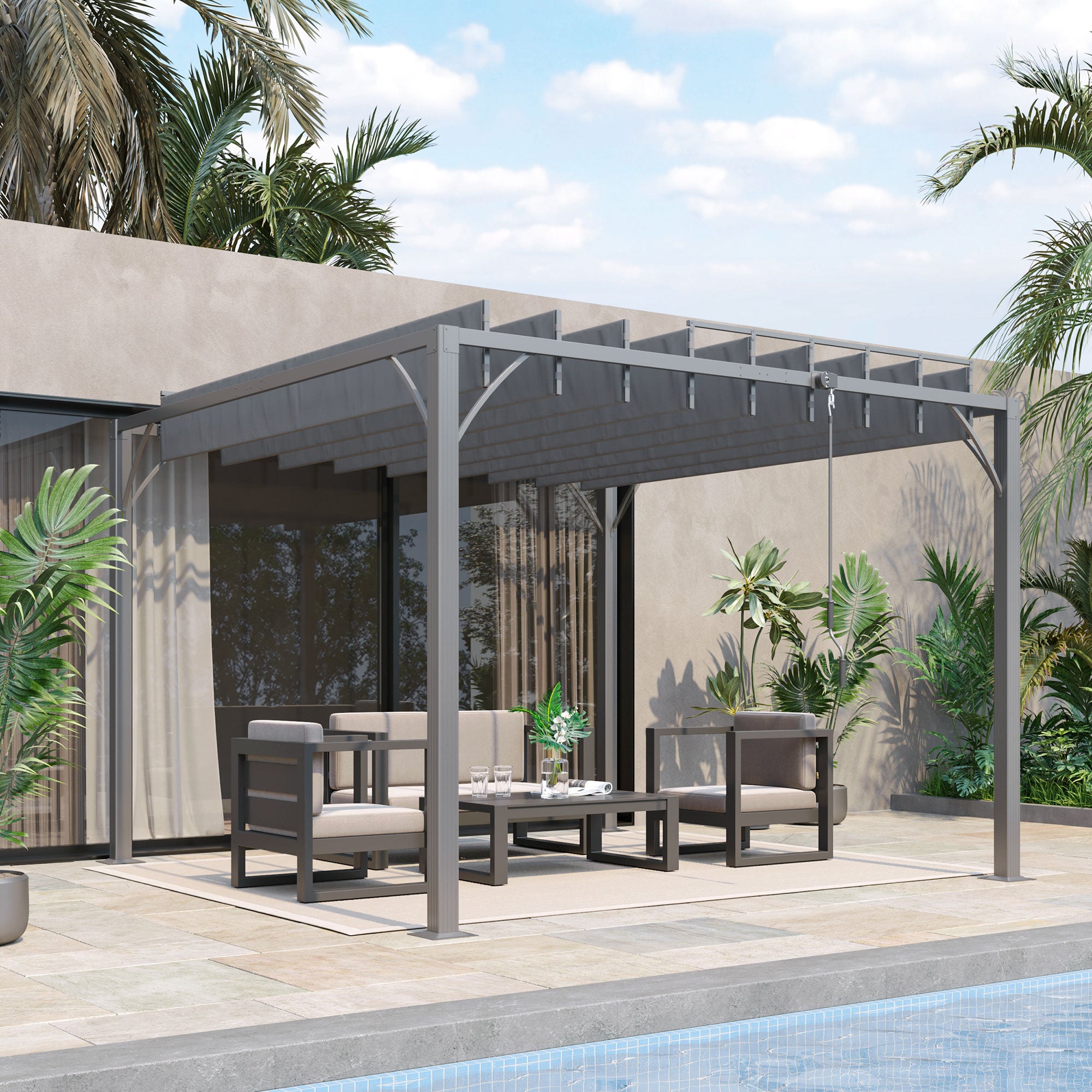 9.5' x 9.7' Outdoor Pergola with Retractable Roof, Aluminium Louvered Pergola Canopy Gazebo for Lawn Garden Patio, Grey Pergolas at Gallery Canada