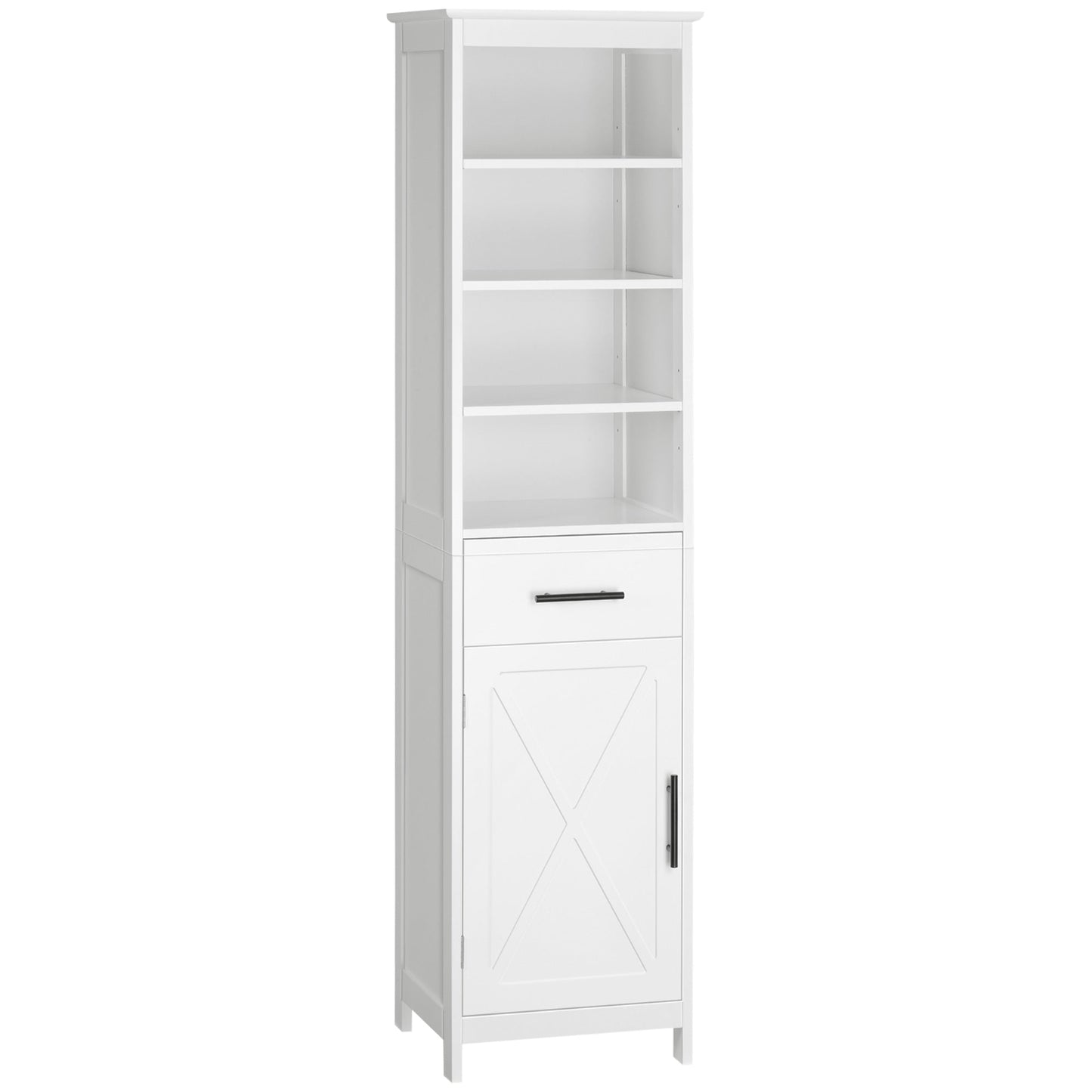 Tall Bathroom Storage Cabinet, Free Standing Bathroom Cabinet Slim Side Organizer w/ 3-Tier Open Shelf, Door, and Drawer, White Bathroom Cabinets White  at Gallery Canada