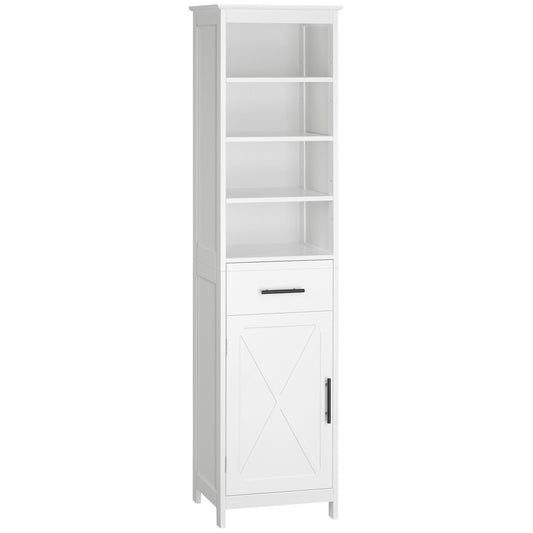 Tall Bathroom Storage Cabinet, Free Standing Bathroom Cabinet Slim Side Organizer w/ 3-Tier Open Shelf, Door, and Drawer, White - Gallery Canada