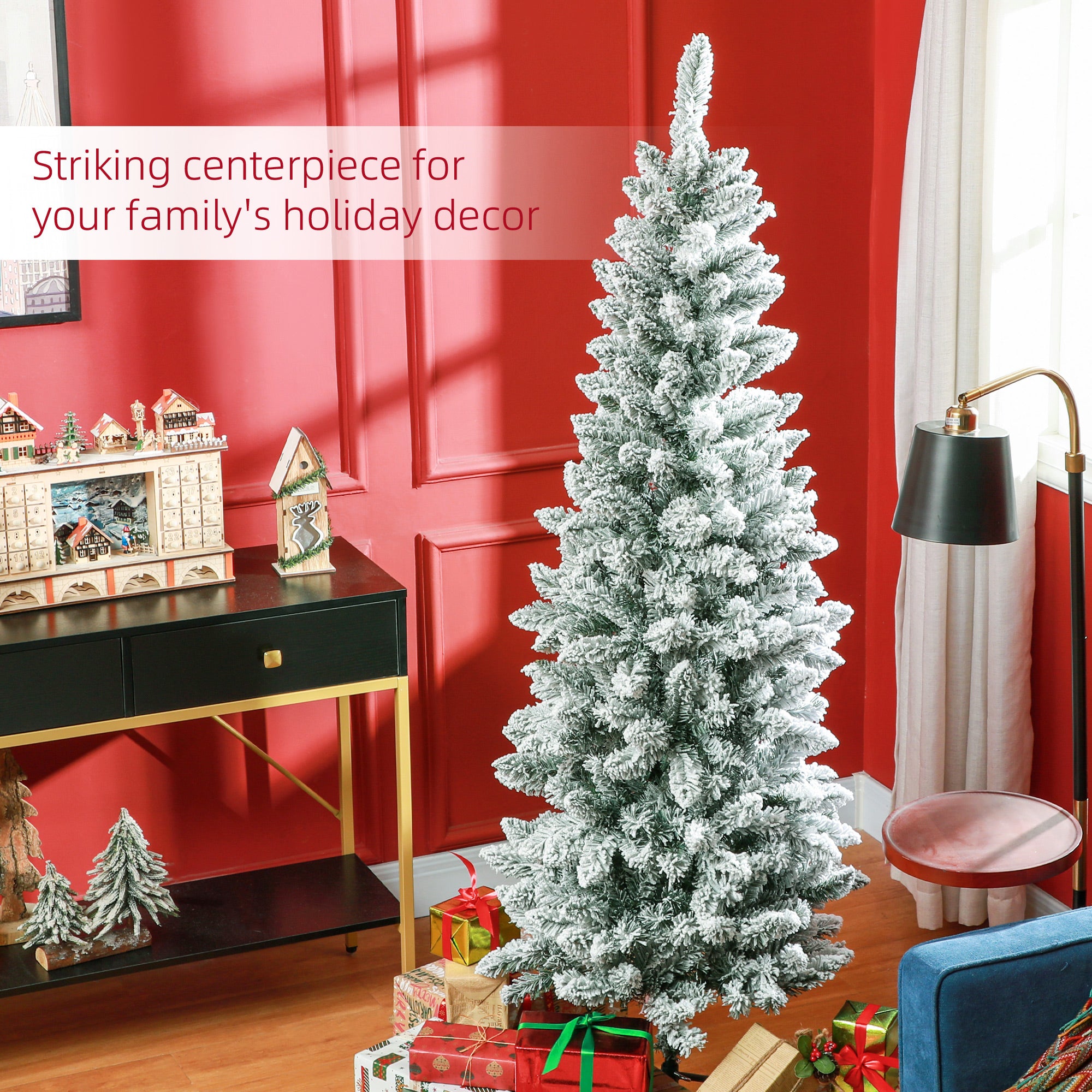 6ft Pencil Christmas Tree, Flocked Tree with 479 Branch Tips and Metal Base for Home, Indoor, Holiday Pencil Christmas Trees   at Gallery Canada