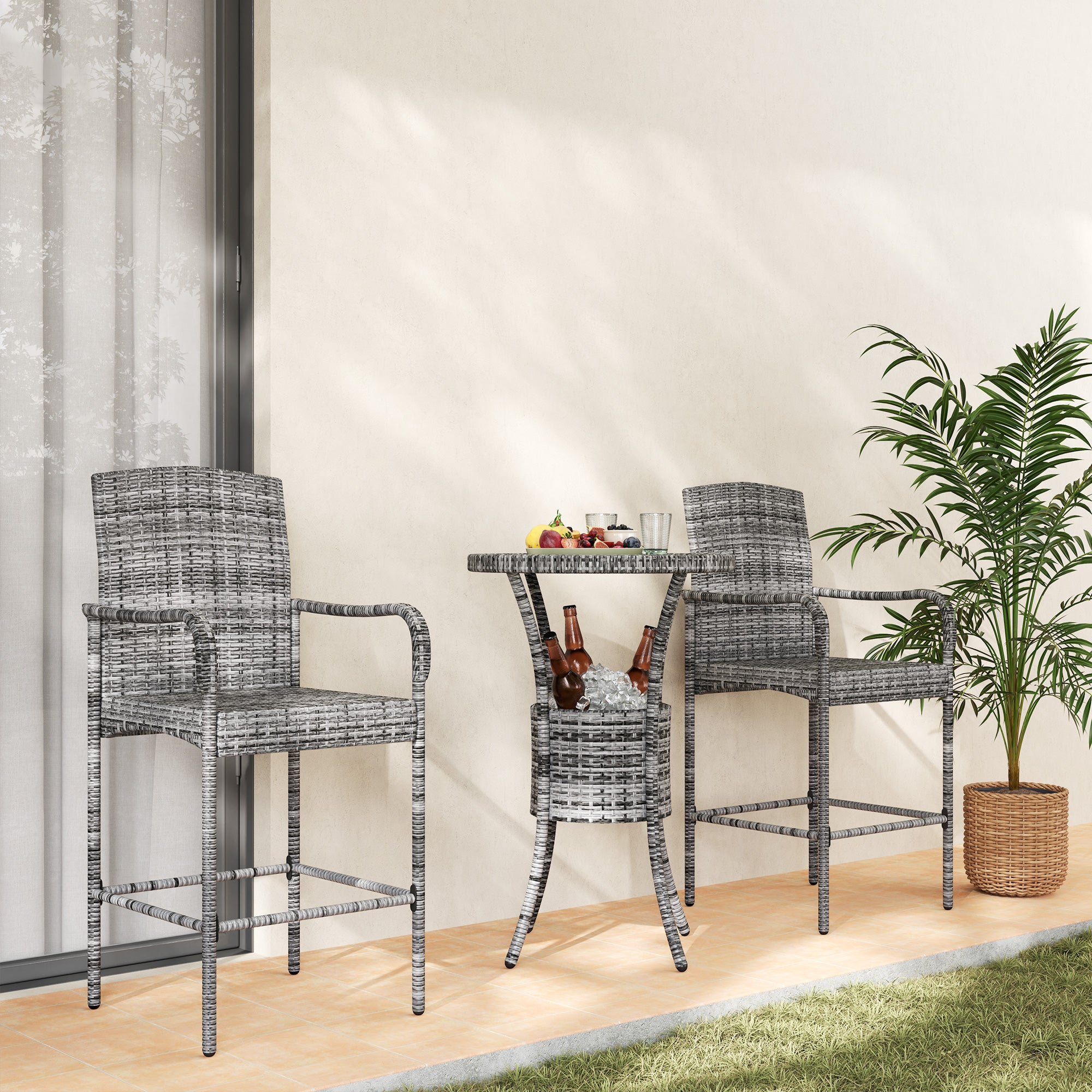 3 Pieces Patio Bar Set, Rattan Bistro Table and Chairs, Outdoor Conversation Furniture Set with Ice Bucket, Mixed Grey Bistro Sets at Gallery Canada