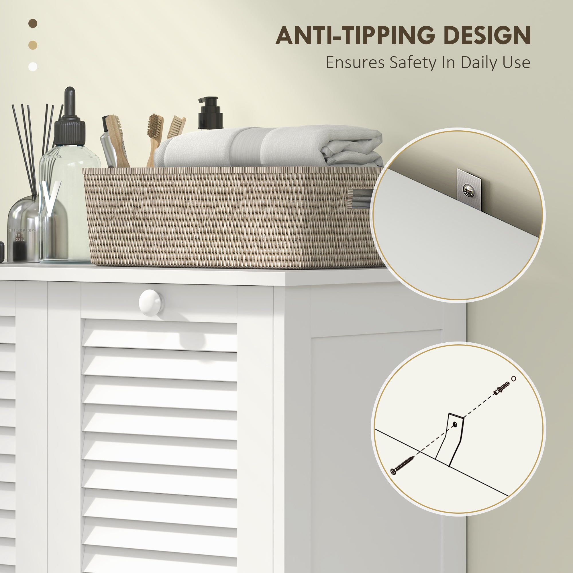 Tilt Out Laundry Cabinet, Laundry Basket Cabinet with 2 Baskets and 2 Louvered Doors, White Bathroom Cabinets at Gallery Canada