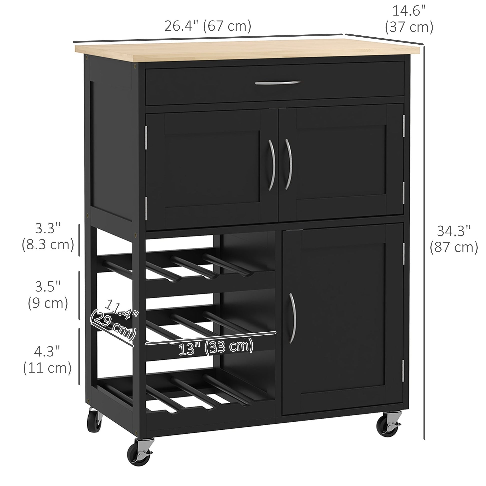 Rolling Kitchen Cart, Kitchen Island with Storage Drawer, 9-bottle Wine Rack, Door Cabinets, Wooden Countertop, Black Kitchen Islands & Kitchen Carts   at Gallery Canada