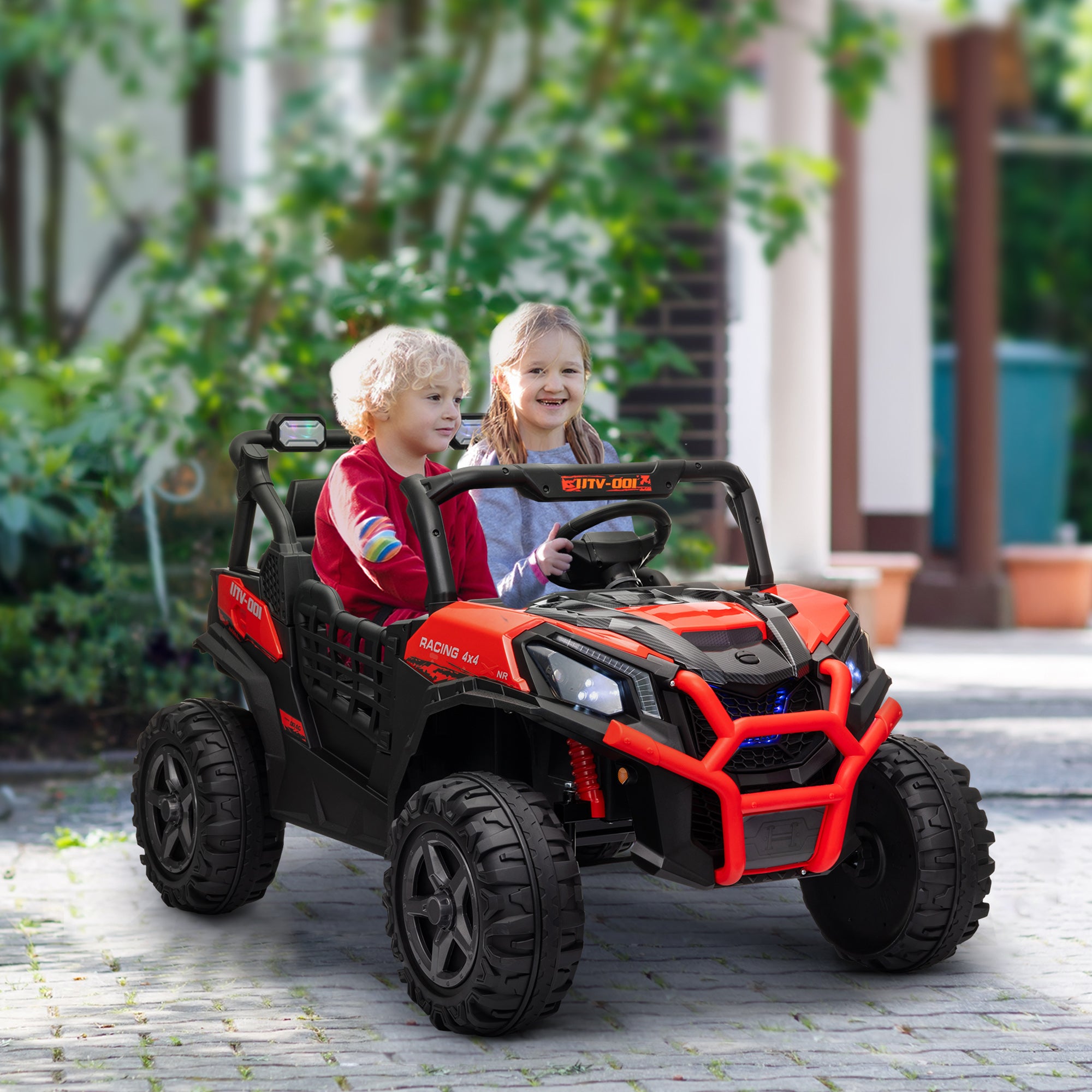 2 Seater 24V Electric Car for Kids w/ Remote Control, 3 Speed, LED Lights, Music, Horn, Spring Suspension, Red Electric Toy Cars   at Gallery Canada