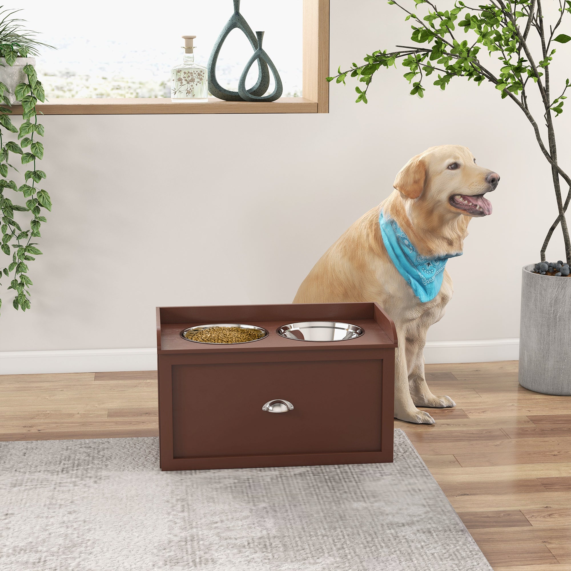 Elevated Dog Bowls Raised Pet Feeding Station with Storage 2 Stainless Steel Bowls, 23.6