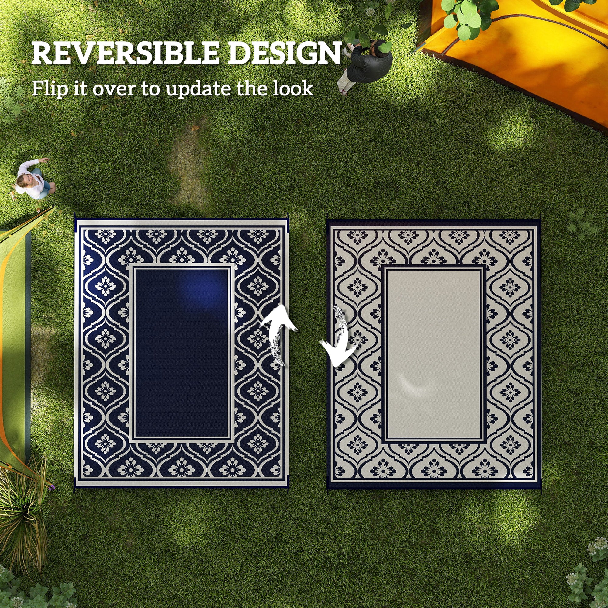 8' x 10' Outdoor RV Rug, Reversible Patio Floor Mat with Carry Bag, Gourd Border, Blue and White Garden Decor at Gallery Canada