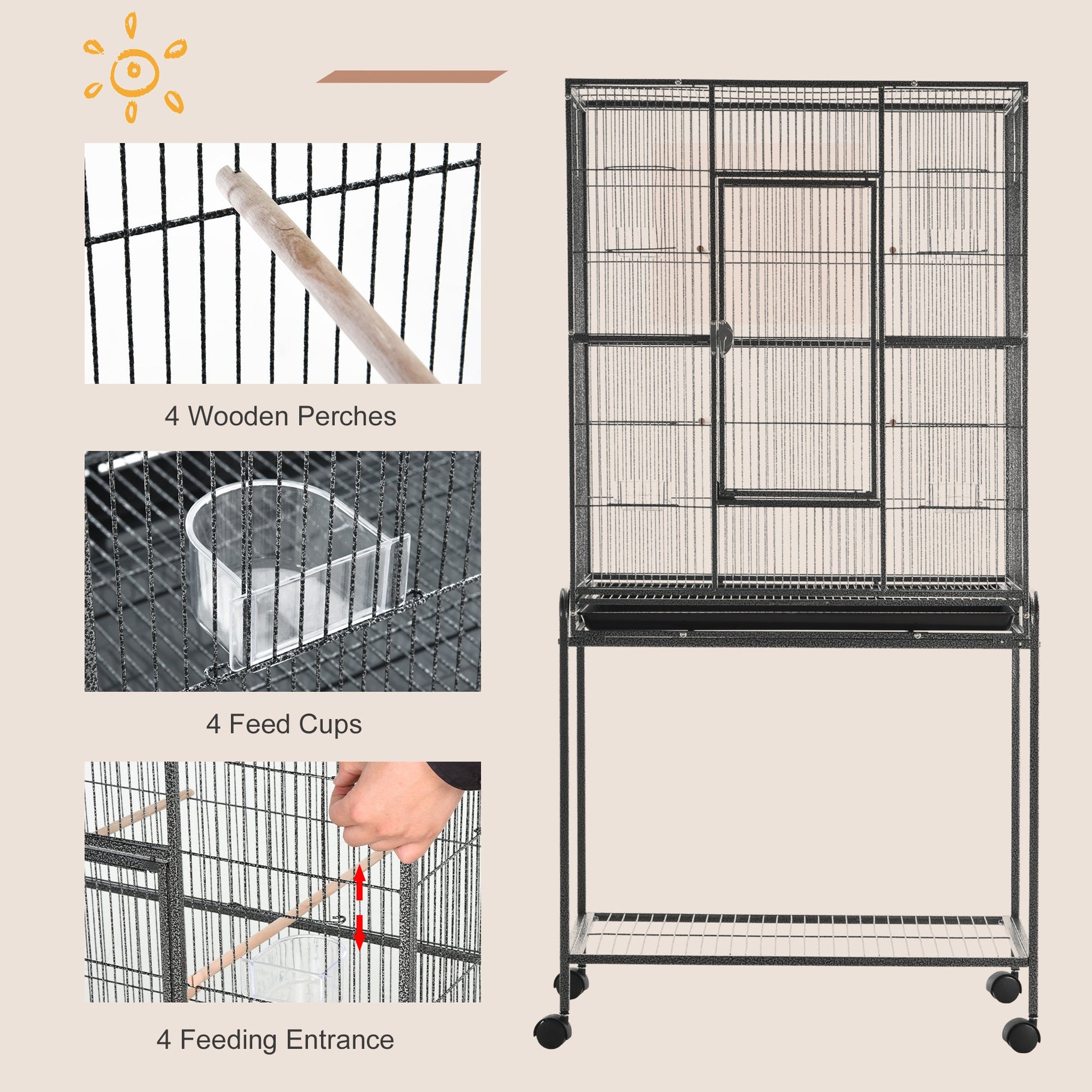 Extra Large 64" Rolling Metal Parrot Cage with Stand, Perch, and Storage, Multi-Colour Bird Cages   at Gallery Canada