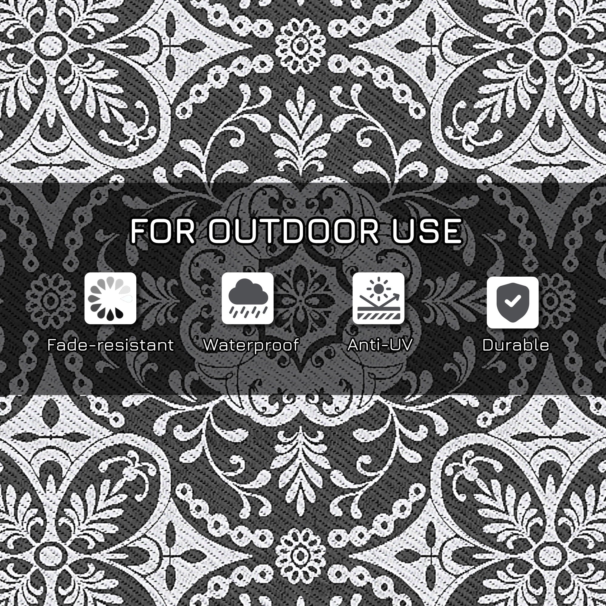 Portable Outdoor Rug with Carry Bag, 9' x 18' Reversible Mat, Waterproof Plastic Straw RV Rug for Backyard, Deck, Picnic, Beach, Camping, Gray &; White Flower Outdoor Reversible Rugs at Gallery Canada