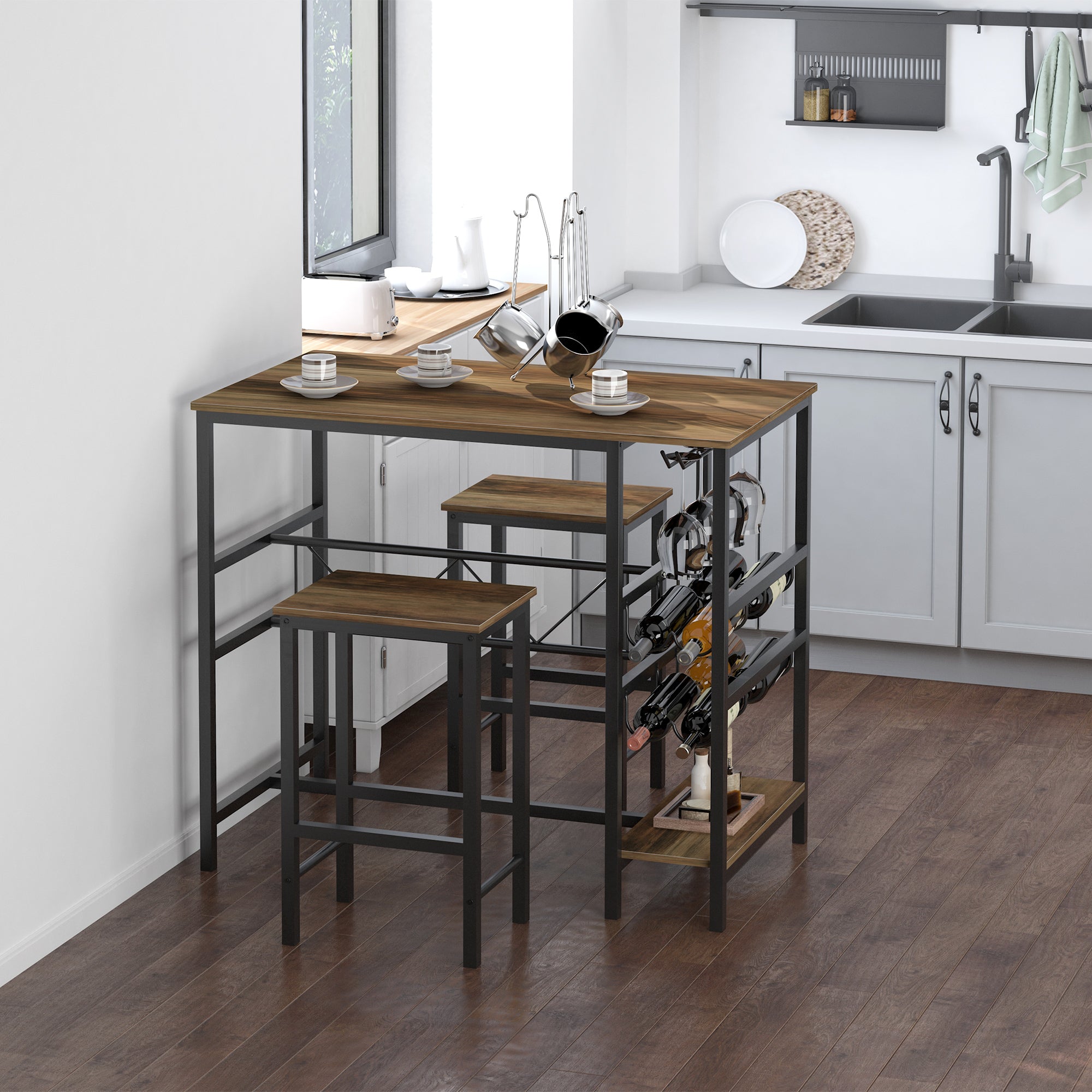 3 Pieces Bar Table Set, Counter Height Table with 8-bottle Wine Rack and Cup Holder, 2 Stools with Metal Frame for Kitchen, Dining Room, Living Room, Pub Bar Sets at Gallery Canada