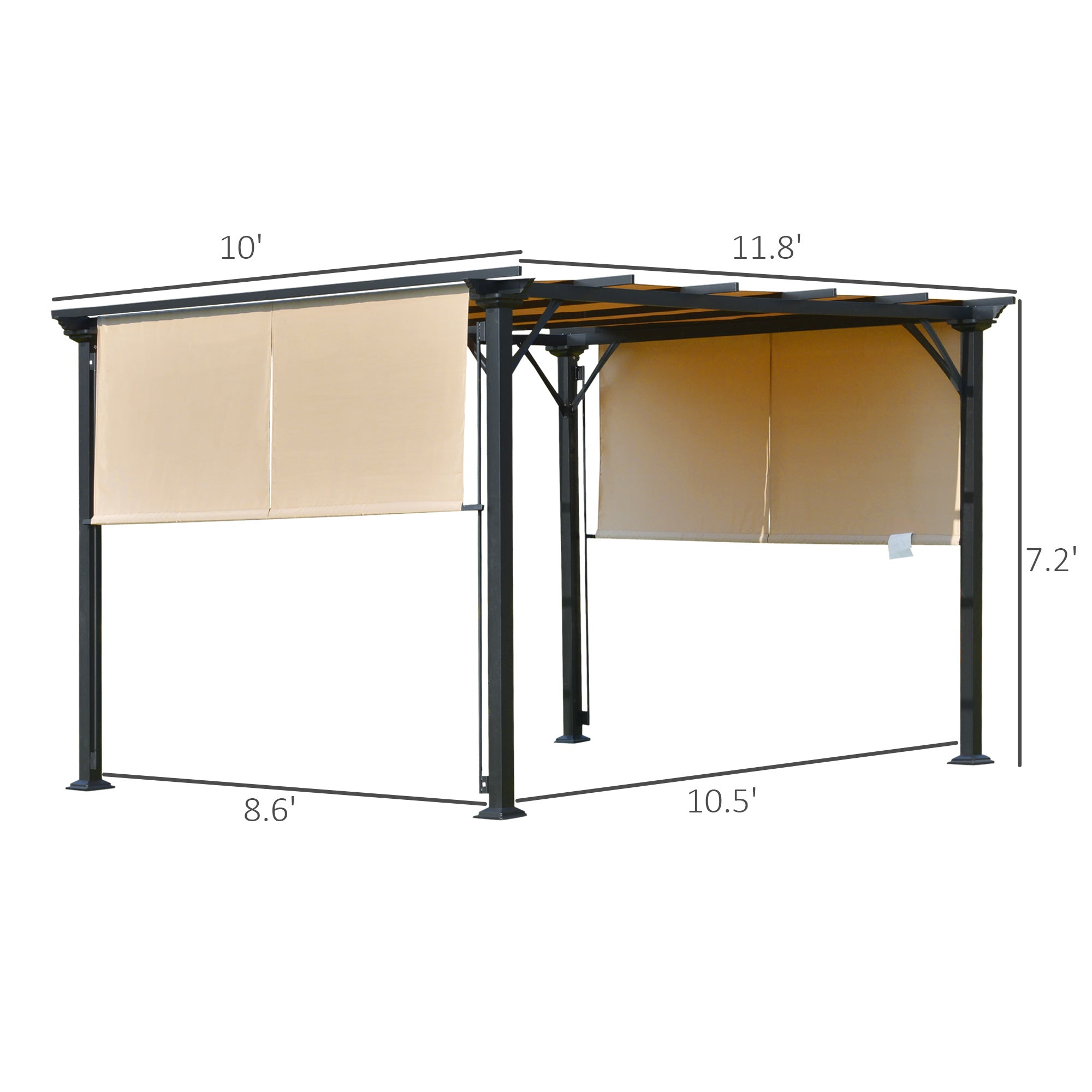 12' x 10' Outdoor Patio Gazebo Pergola with Retractable Canopy Roof, Steel Frame with Stakes, Unique Design, Beige Pergolas at Gallery Canada