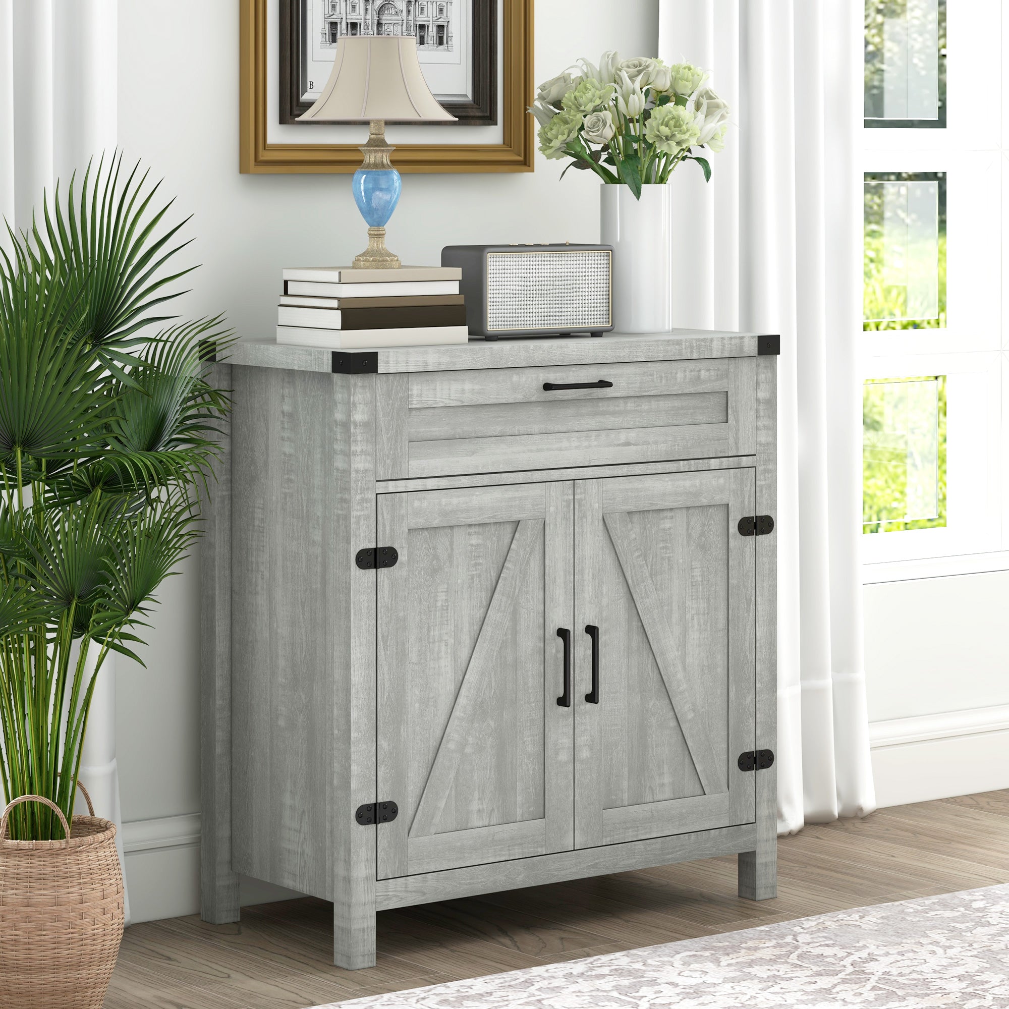 Farmhouse Kitchen Storage Cabinet, Sideboard Buffet Cabinet with 2 Rustic Barn Doors and Drawer, Grey Bar Cabinets   at Gallery Canada