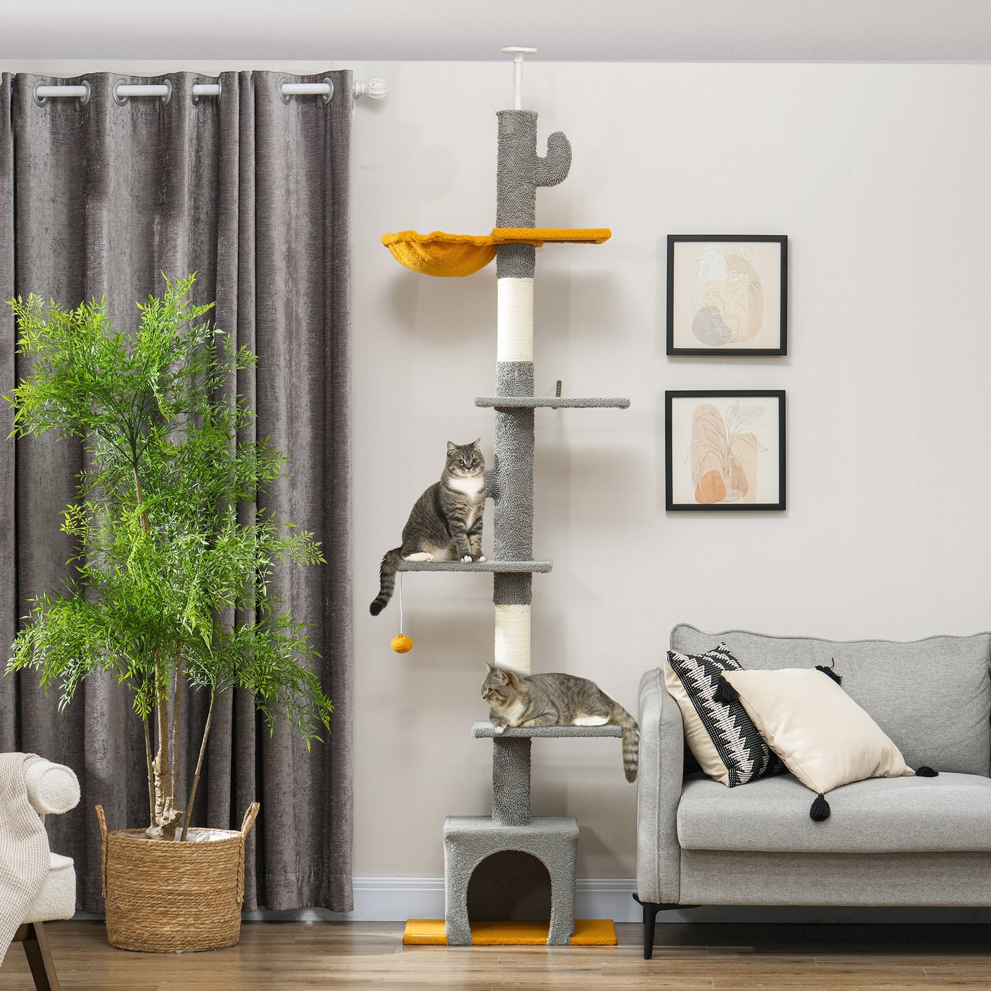 Floor to Ceiling Cat TreeTower with 90.5"-108" Adjustable Height, Scratching Posts, Hammock, Comdo, Toy Ball, Light Grey Floor to Ceiling Cat Trees   at Gallery Canada