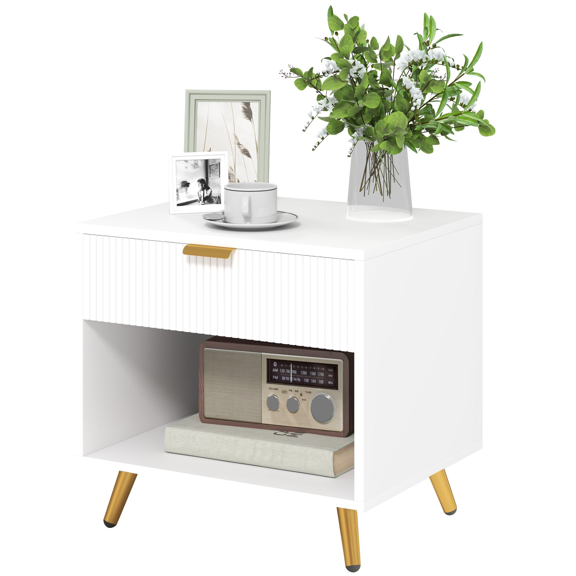 Nightstand with Fluted Panel, Bedside Table with Drawer and Open Compartment, Modern Night Table for Bedroom, White Bedside Tables at Gallery Canada