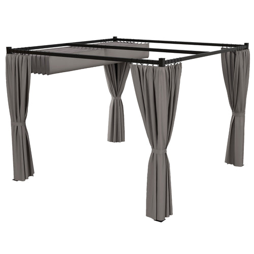 10' x 10' Retractable Pergola, Garden Gazebo Shelter with Curtains, for Grill, Patio, Deck, Light Grey